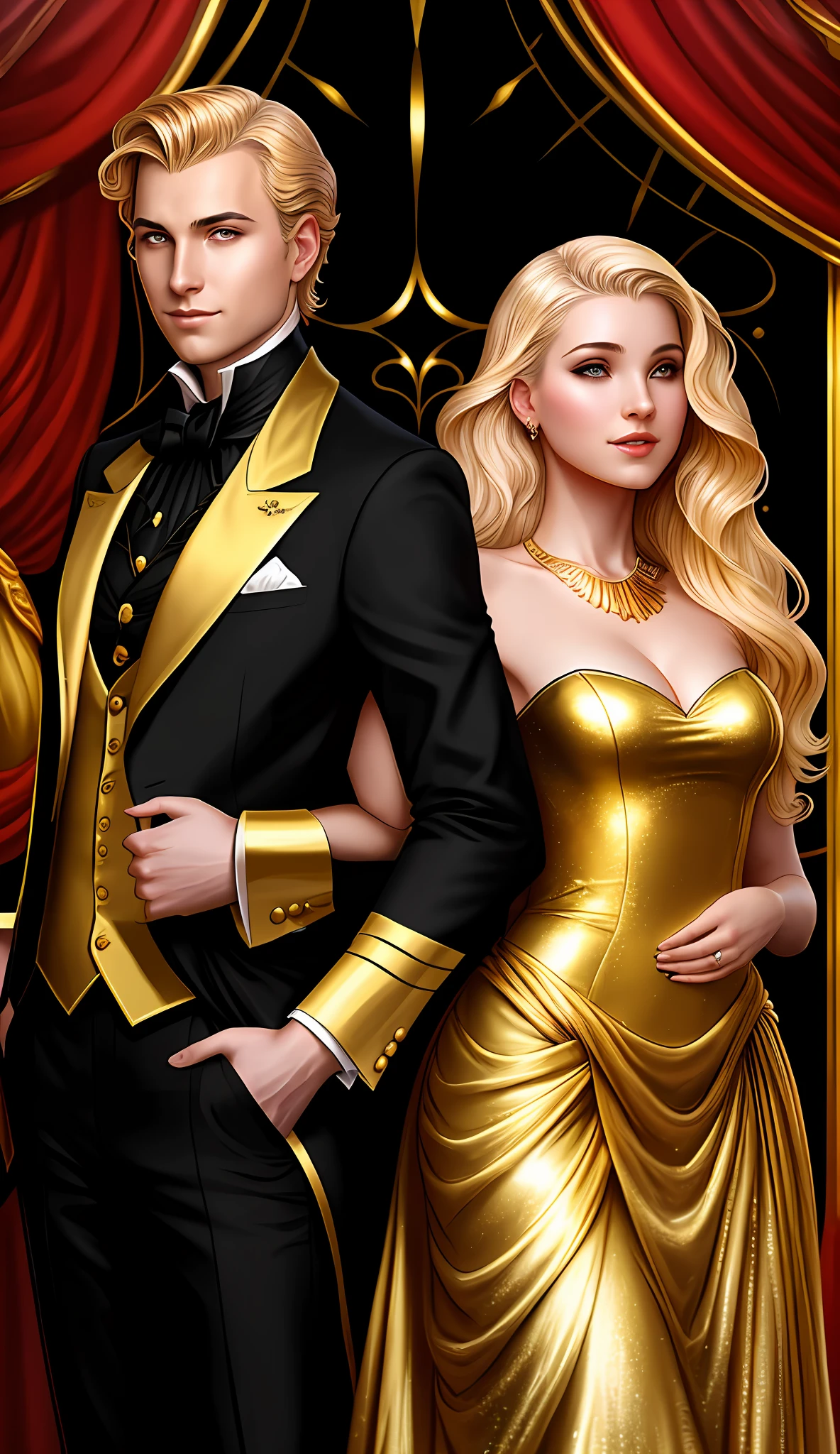 blond woman in gold dress and man in black suit posing for a picture, edmund blair and charlie bowater, wearing fantasy formal clothing, romance novel cover, charlie bowater and artgeem, inspired by Magali Villeneuve, gold noble, style of charlie bowater, gilded outfit, charlie bowater and mark brooks, magali villeneuve', imperial royal elegant clothing