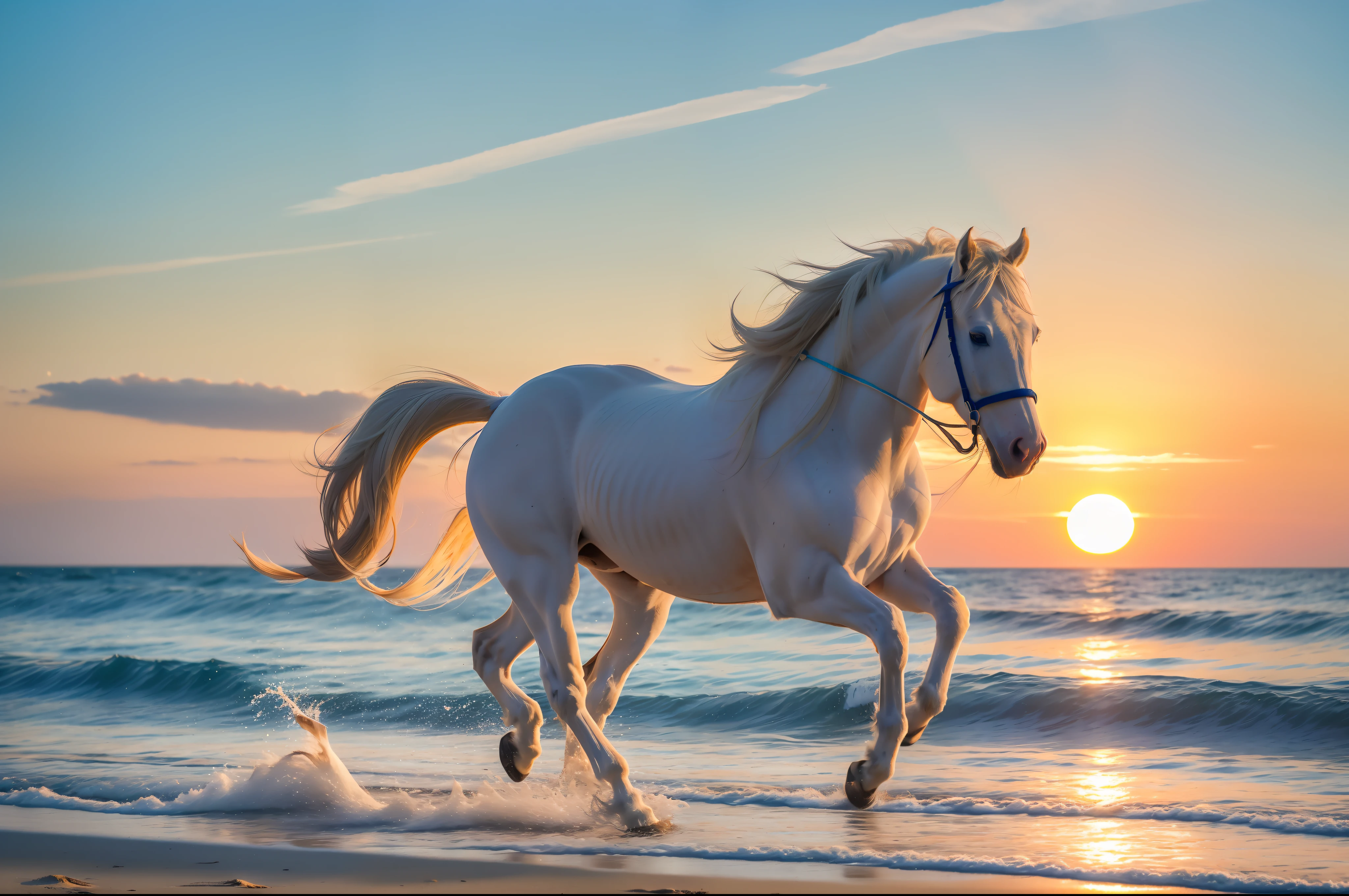 A white horse gallops on the beach in the setting sun, full limbs, long white mane, white tail