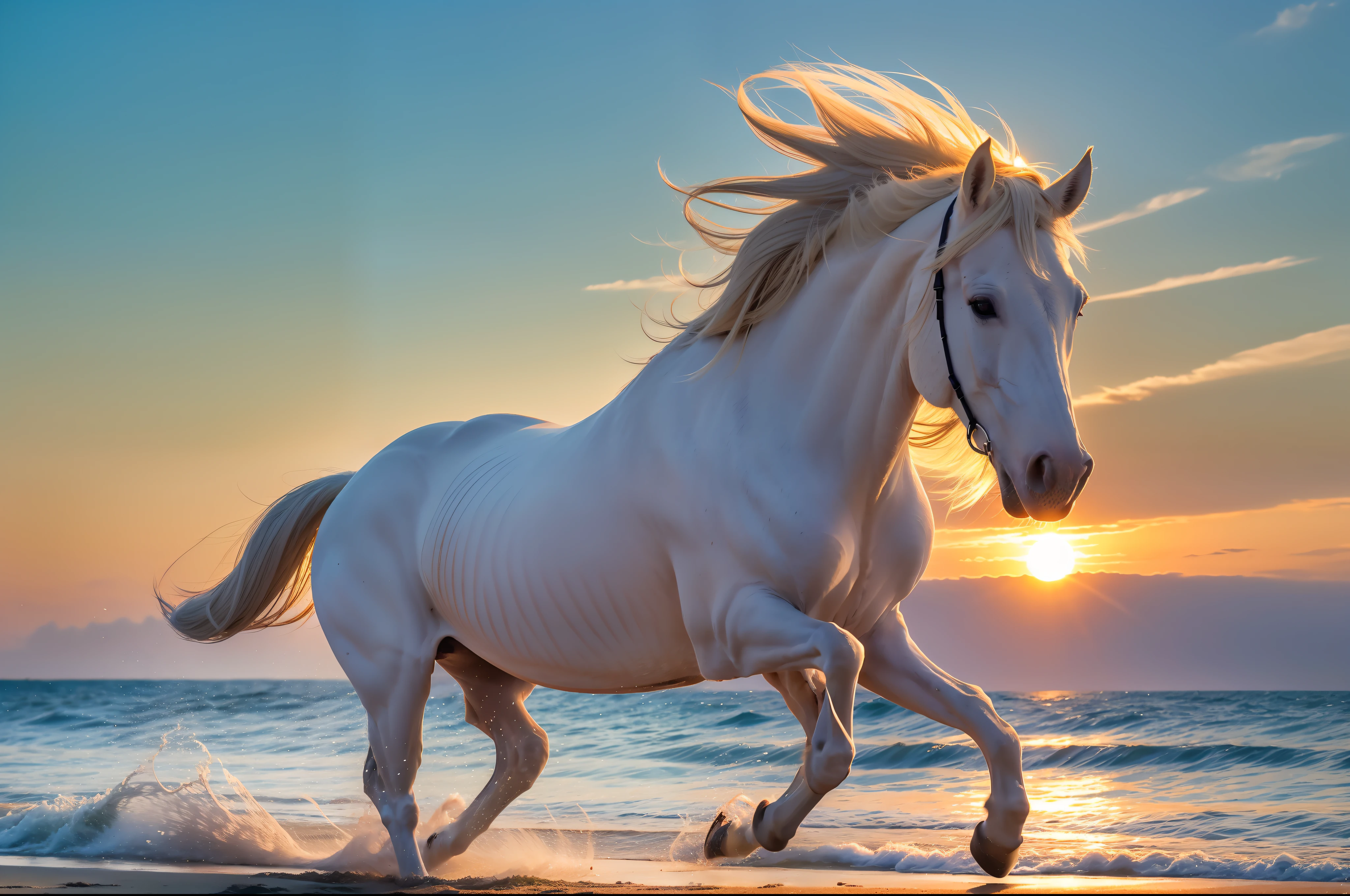 A white horse gallops on the beach in the setting sun, full limbs, long white mane, white tail