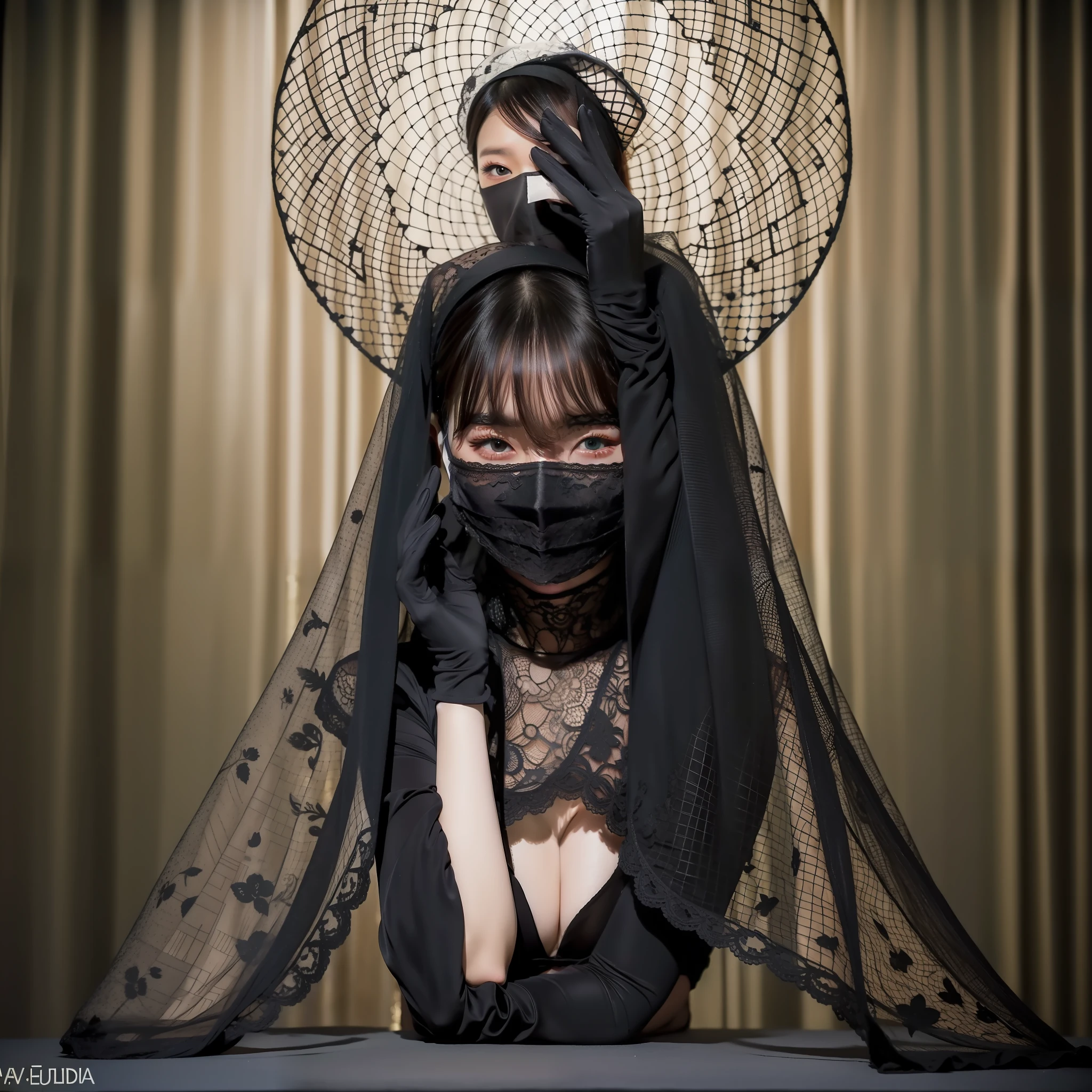 mask, mourning, black small hat, veil on face, lace black gloves, big, AV shooting, full body, 10 arms, mandala in the background,