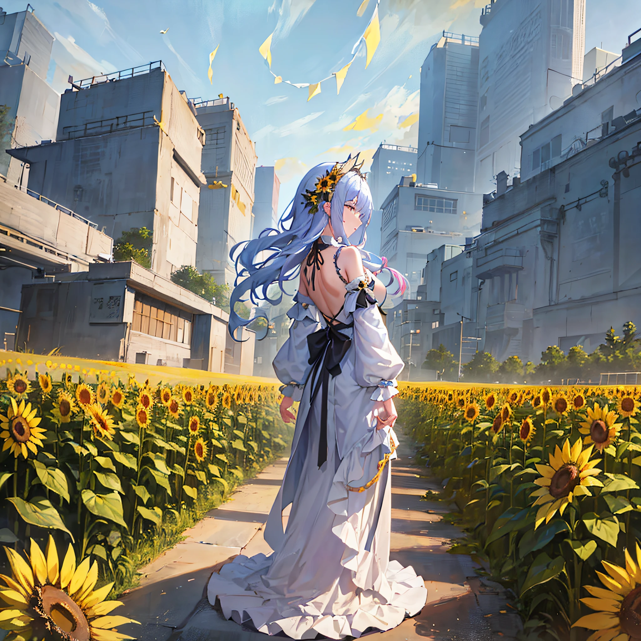 painting of a young woman in a white dress with her back looking at the horizon and standing walking in a field of sunflowers, masterpiece guweiz, by Yang J, artwork in the style of guweiz, guweiz, by Zou Zhe, scene: sunflower field, scene: sunflower field, by Choi Buk, oil painting, little blurred --auto --s2