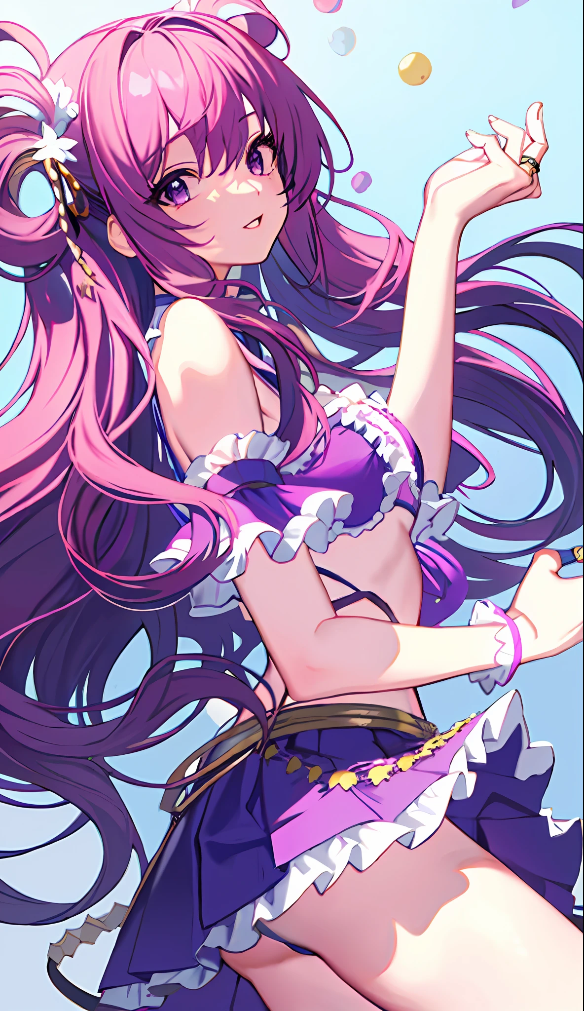 Front facing, masterpiece, highest quality, 8K animation, detailed fingers, precise fingers, not unnatural hands, illustration, 1 girl, solo, sagging eyes, rings in hair, long pink hair, purple bikini bra, mini skirt with white ruffles, white gloves, large purple eyes, yellow bonbons on both hands, Hatsune, kind gaze,