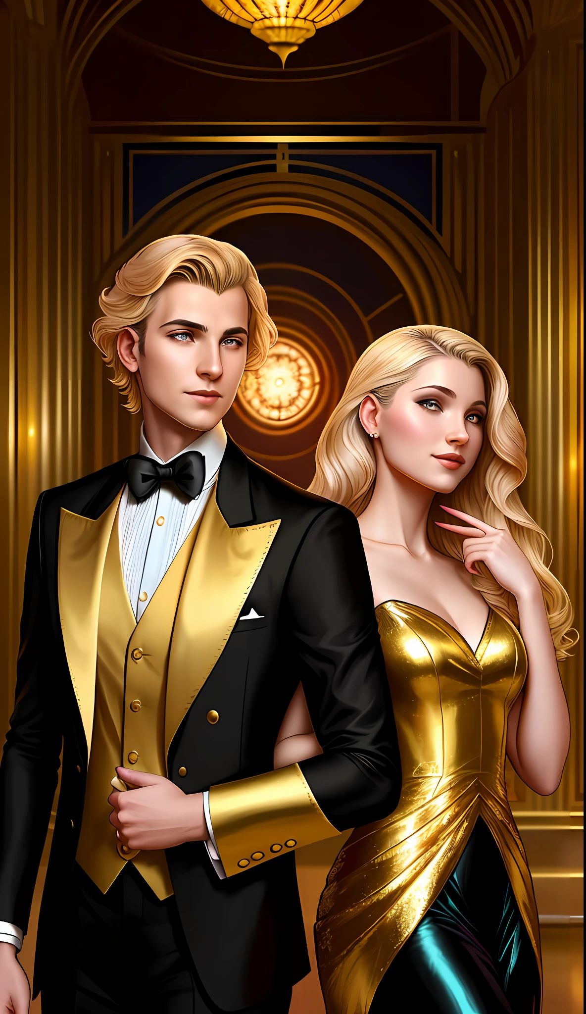 blond woman in gold dress and man in black suit posing for a picture, edmund blair and charlie bowater, wearing fantasy formal clothing, romance novel cover, charlie bowater and artgeem, inspired by Magali Villeneuve, gold noble, style of charlie bowater, gilded outfit, charlie bowater and mark brooks, magali villeneuve', imperial royal elegant clothing