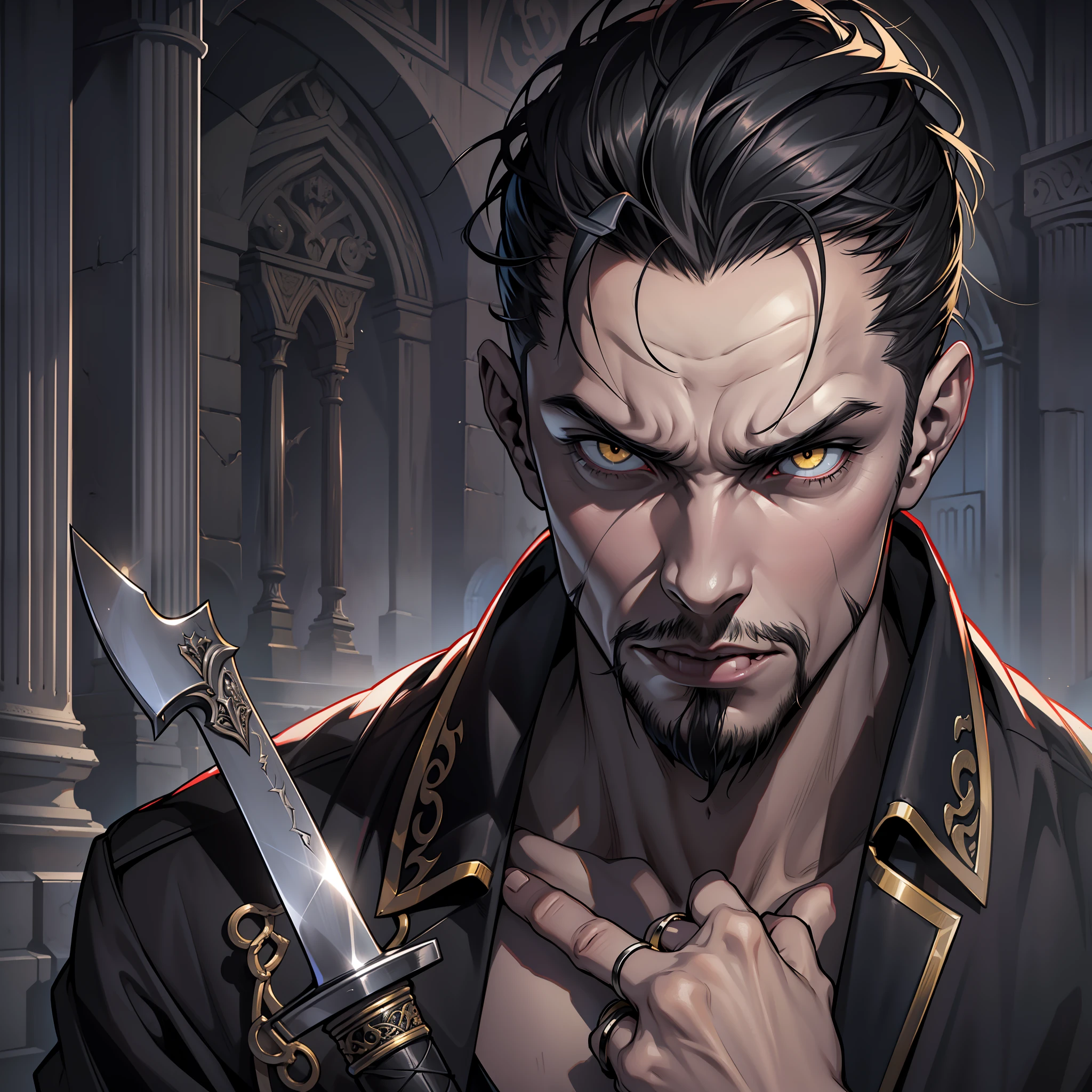 (extremely detailed 8k wallpaper), dark theme, Vampire the Masquerade, modern horror, 2020s, (man), (((African))), creepy, goatee, wearing black suit, sharp focus, (subsurface scattering:1.1), award-winning photography, centered face, realistic photo, ((a Hecata vampire)), half-body shot:1.1, ((black skin)), old age, short short black hair, supernatural yellow eyes, indifferent expression, medieval sword in hand,  Abandoned mausoleum entrance, dramatic lighting