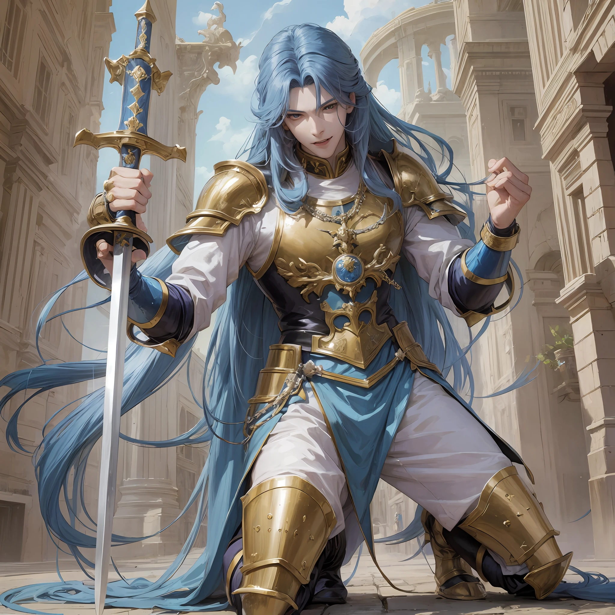 Anime, long blue hair, male, tongue out, kneeling, wearing a paw, gauntlet sword --auto --s2