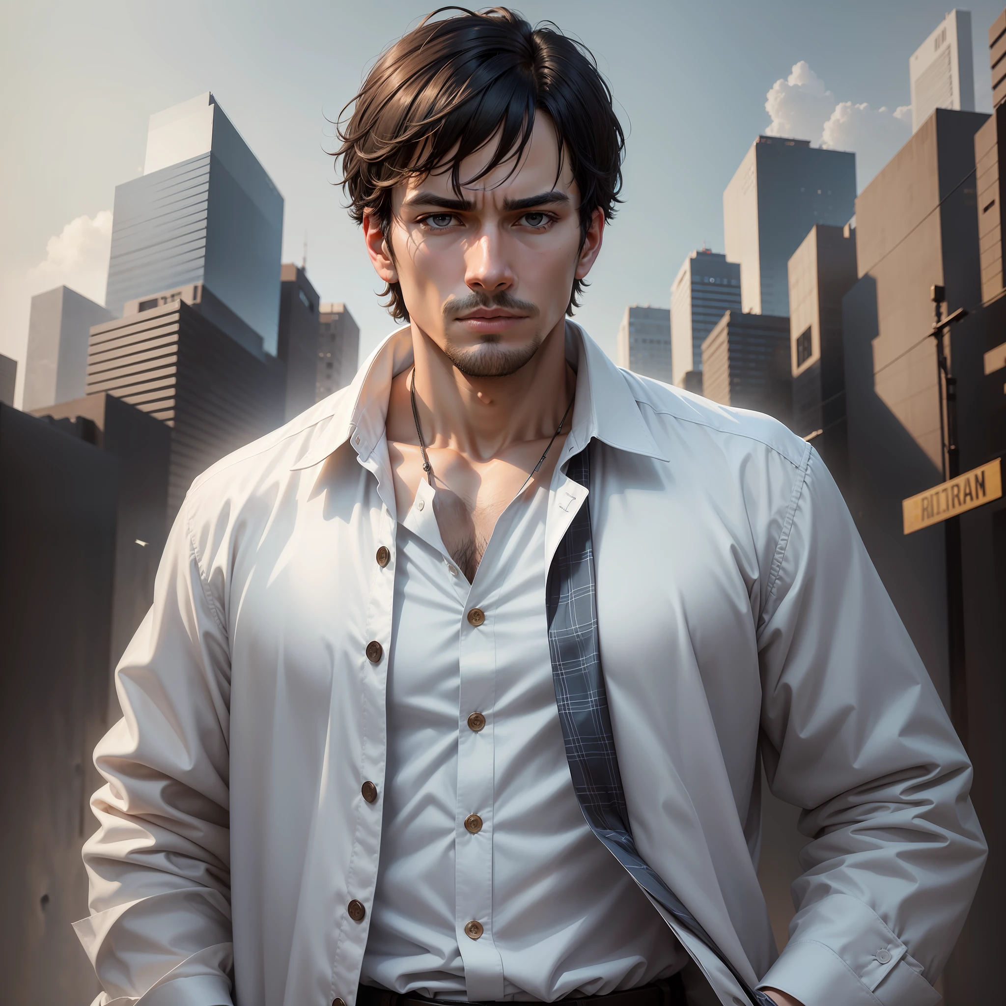 (highest resolution, distinct_image) best quality, male masterpiece, high detail, semi-realistic, (most body), short black hair, bangs, 35 years old, young, black fit, blue and white plaid shirt, stand up collar shirt, pointed face, (brown eyes, hair between the eyebrows), fluorescent long coat (broken glass), (pure white background), cold, serious, authoritative, powerful, (standing painting), (delicate facial features, exquisite facial features)