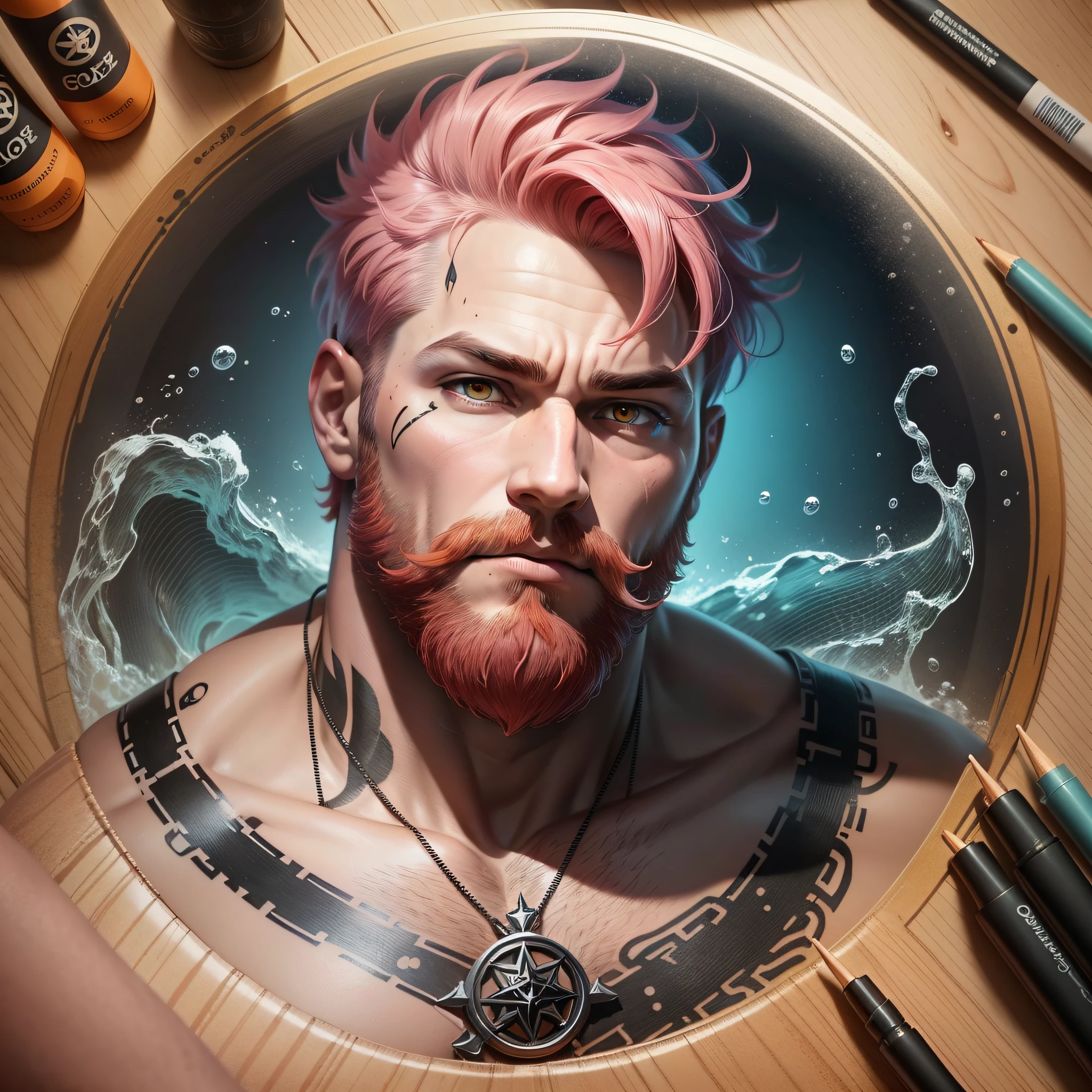 A strong man, short pink hair, short beard, has orange eyes, is underwater, has tattoos all in shades of black, has a golden trident, realistic drawing style, focus on the face