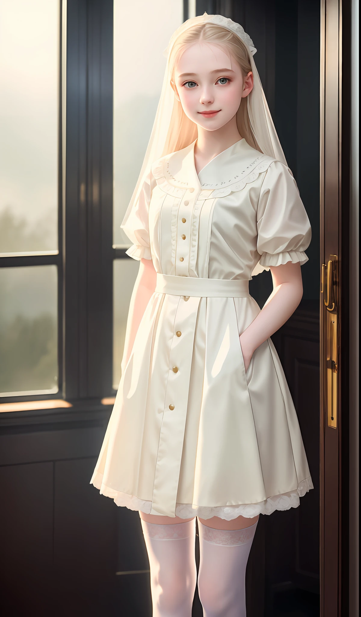 Cinematic film still, 1girl, standing, 18yo, pale skin, innocent smile, white stockings, ((detailed face)), (detailed skin), moist, intricate details, shallow depth of field, [volumetric fog], cinematic lighting, reflections, photographed on a Canon EOS R5, 50mm lens, F/2.8, HDR, 8k resolution