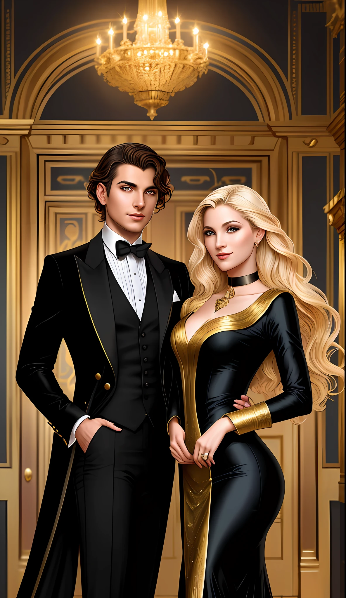 blond woman in gold dress and man in black suit posing for a picture, edmund blair and charlie bowater, wearing fantasy formal clothing, romance novel cover, charlie bowater and artgeem, inspired by Magali Villeneuve, gold noble, style of charlie bowater, gilded outfit, charlie bowater and mark brooks, magali villeneuve', imperial royal elegant clothing