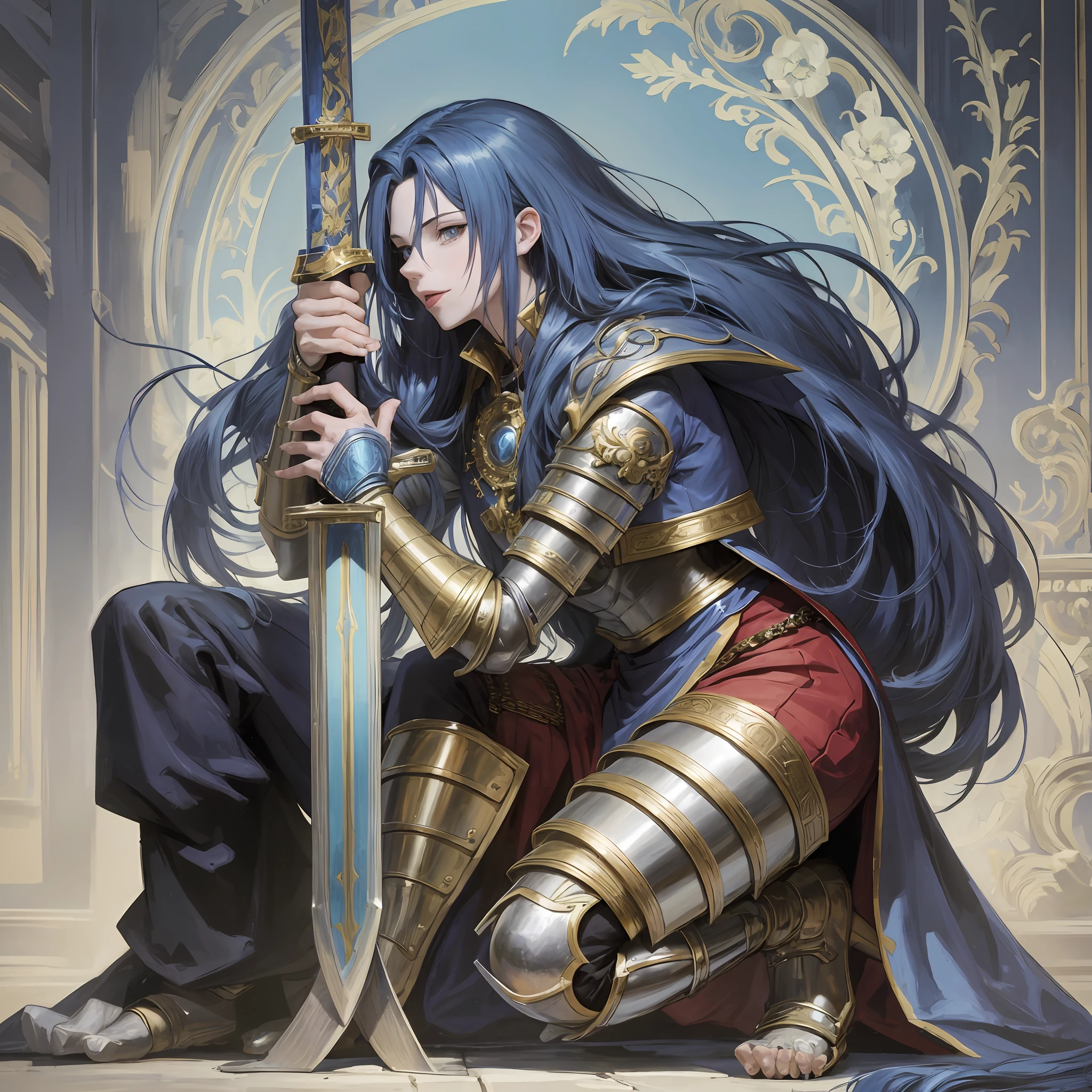Anime, long blue hair, male, tongue out, kneeling, wearing a paw, gauntlet sword --auto --s2