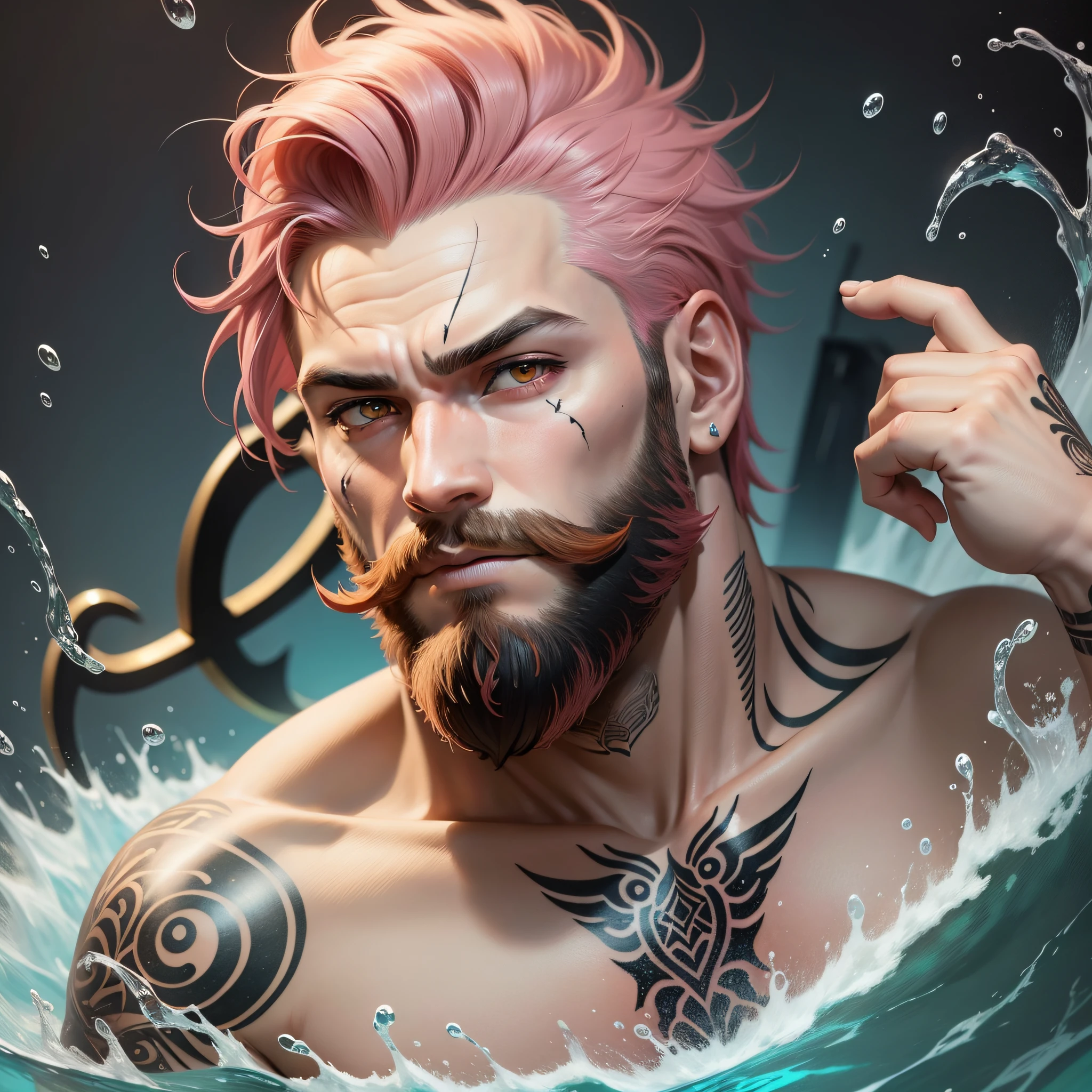 A strong man, short pink hair, short beard, has orange eyes, is underwater, has tattoos all in shades of black, has a golden trident, realistic drawing style, focus on the face