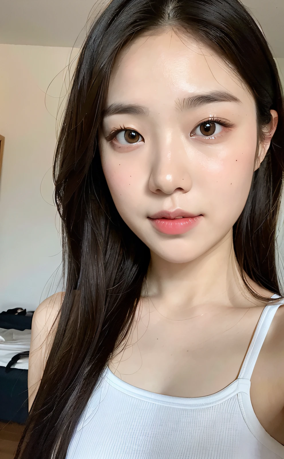 (8k, RAW photos, top quality, masterpiece: 1.2), (realistic, photorealistic: 1.37), ultra detail, ultra high resolution, pio apple, one girl, look viewer, smile, beautiful detailed eyes, floating hair, bangs, skin texture, narrow waist, slim waist, (curve: 0.4), belly buttons, legs, movie lighting, professional lighting, light face