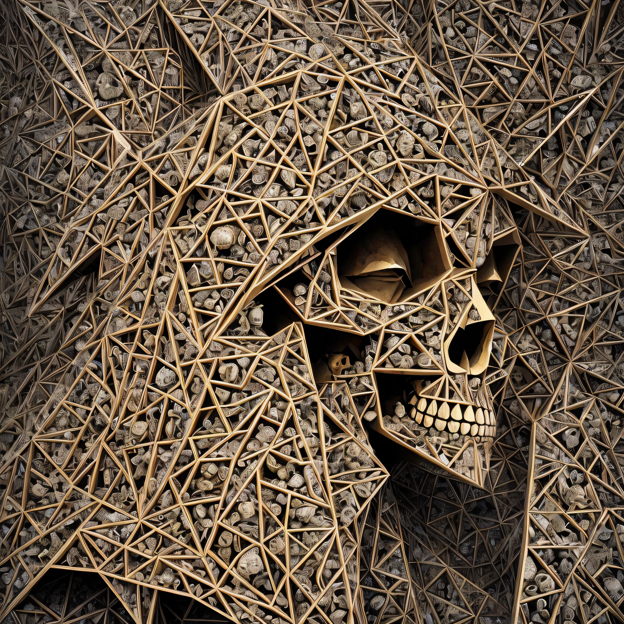 a lot of human skulls arranged in a pyramidal way, realistic, better quality, high quality, absurd, intricate detail