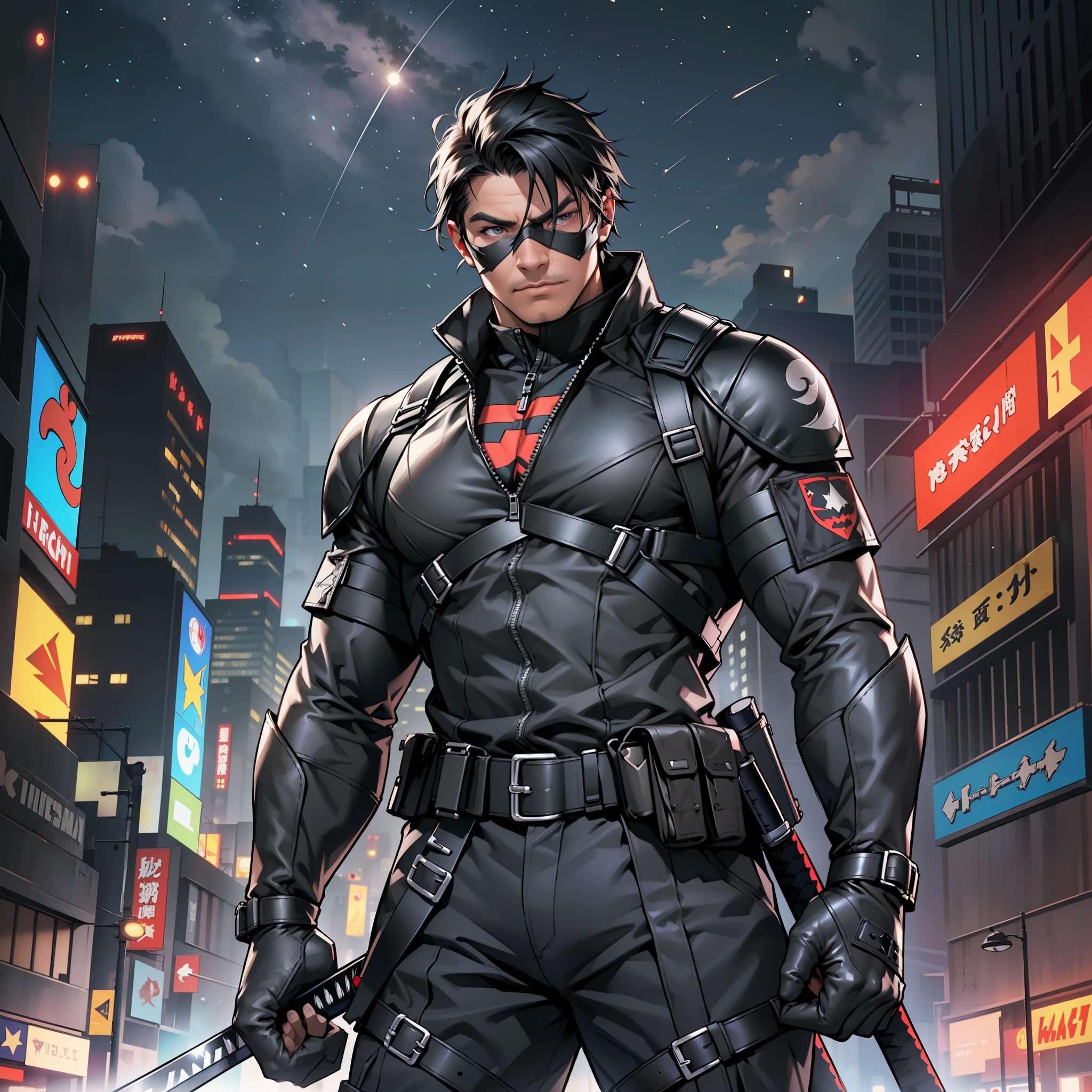 ((realistic: 1.5)),((best quality)), ((masterpiece)),((detailed)), man, short black hair, vigilante mask, tactical superhero outfit, katana on the back, military boots, star in the middle of the chest as symbol, black and gray clothes, poor city, at night --auto --s2