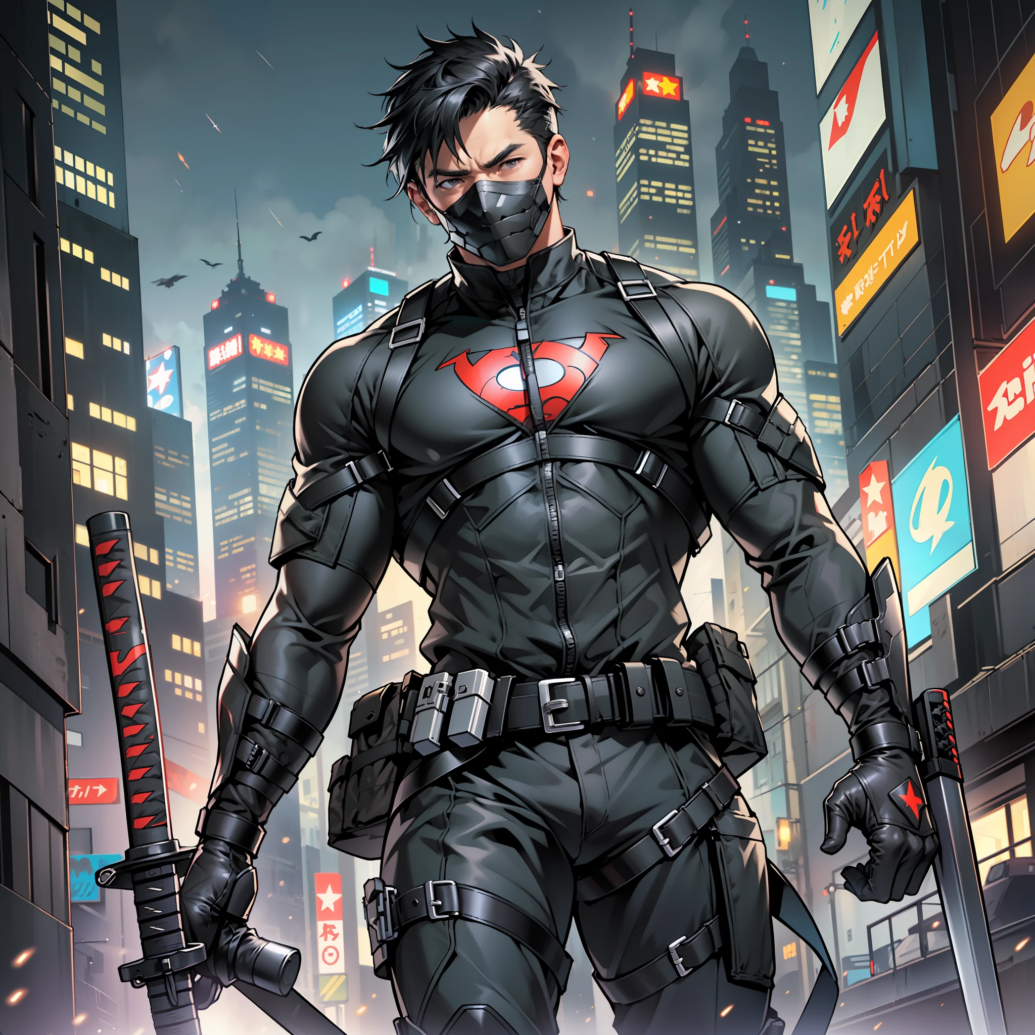 ((realistic: 1.5)),((best quality)), ((masterpiece)),((detailed)), man, short black hair, vigilante mask, tactical superhero outfit, katana on the back, military boots, star in the middle of the chest as symbol, black and gray clothes, poor city, at night --auto --s2