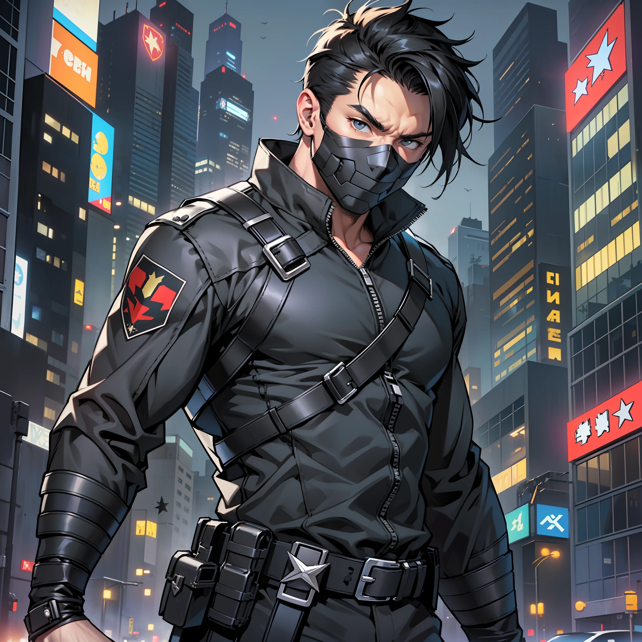 ((realistic: 1.5)),((best quality)), ((masterpiece)),((detailed)), man, short black hair, vigilante mask, tactical superhero outfit, katana on the back, military boots, star in the middle of the chest as symbol, black and gray clothes, poor city, at night --auto --s2