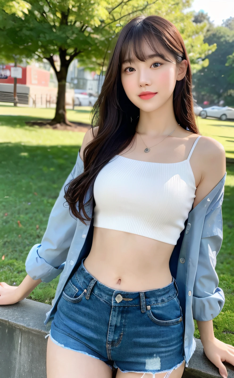 (8k, RAW photos, top quality, masterpieces: 1.2), (realistic, photorealistic: 1.37), ultra detail, ultra high resolution, pio apple, one girl, looking viewer, smile, beautiful detailed eyes, floating hair, bangs, skin texture, narrow waist, slim waist, (curve: 0.4), belly buttons, legs, movie lighting, professional lighting, light face, park