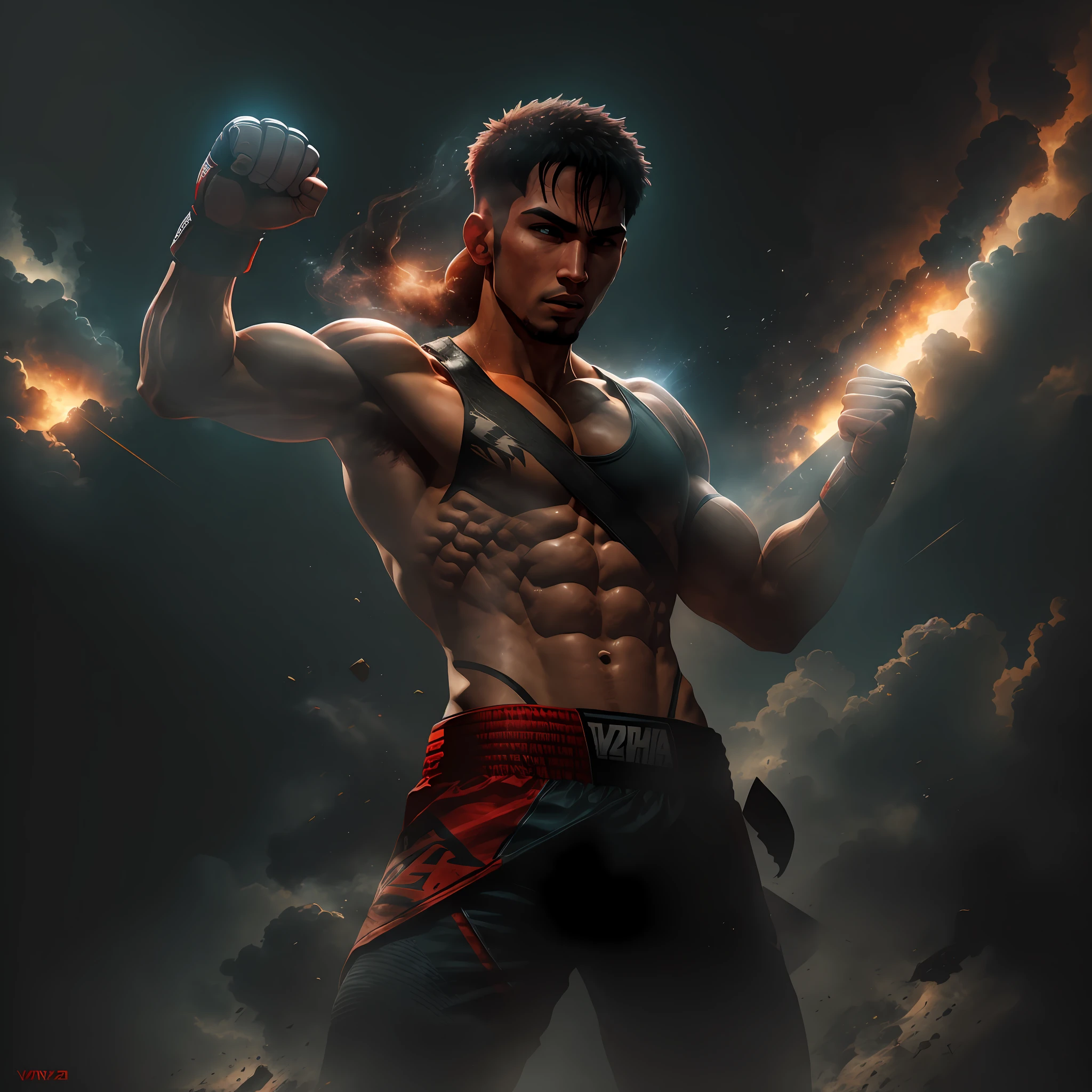 winning fighter, one fist raised to the sky, mma poster, cinematic lighting, volumetric smoke, motivational --ar 2:3 --auto --s2