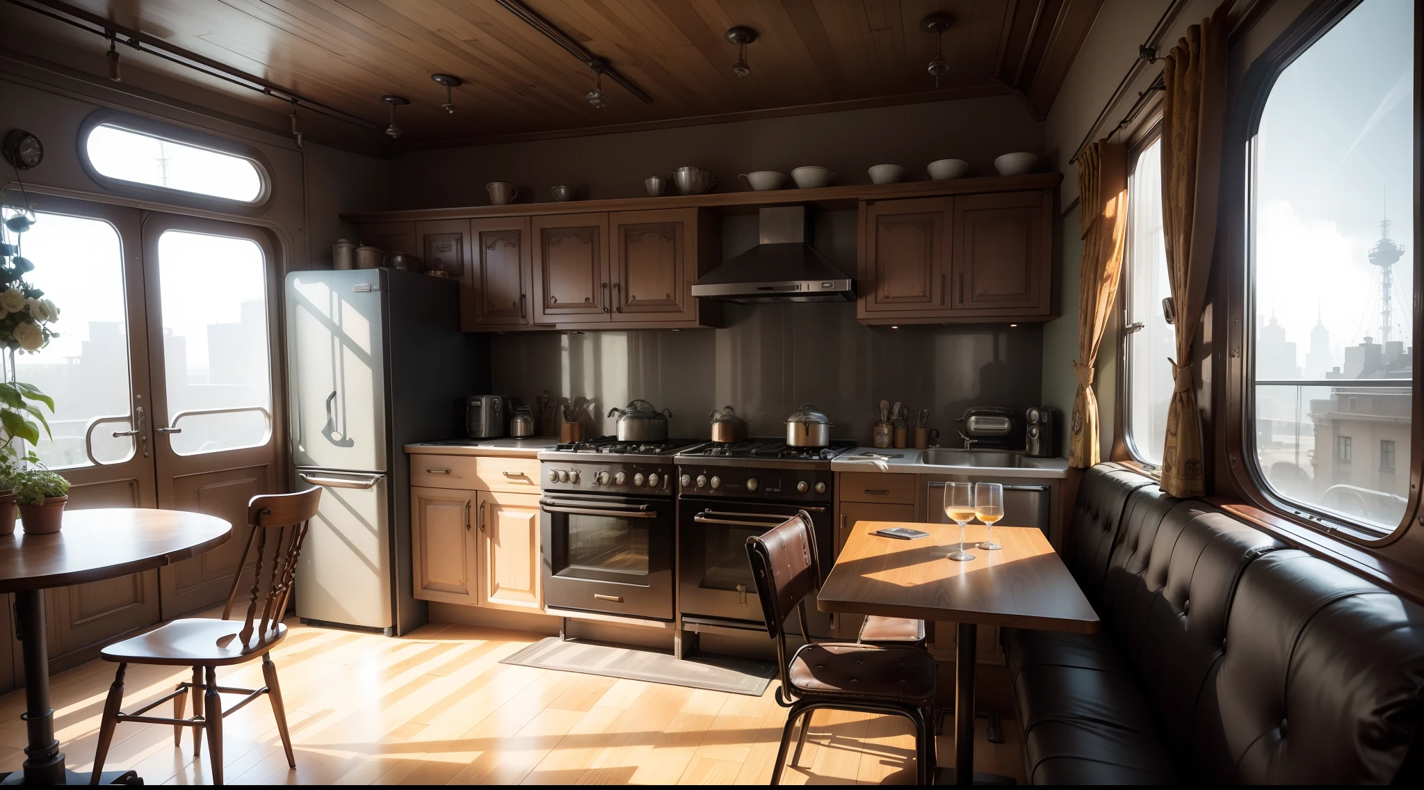 there is a kitchen with a table and chairs in it, dieselpunk decoration, dieselpunk apartment, dieselpunk interior, dieselpunk room background, dieselpunk apartment, retro dieselpunk apartment, dieselpunk interior, dieselpunk interior, dieselpunk decoration, dieselpunk room, dieselpunk apartment, ikea dieselpunk, in a dieselpunk themed room, dieselpunk house, dieselpunk design, large dieselpunk residence