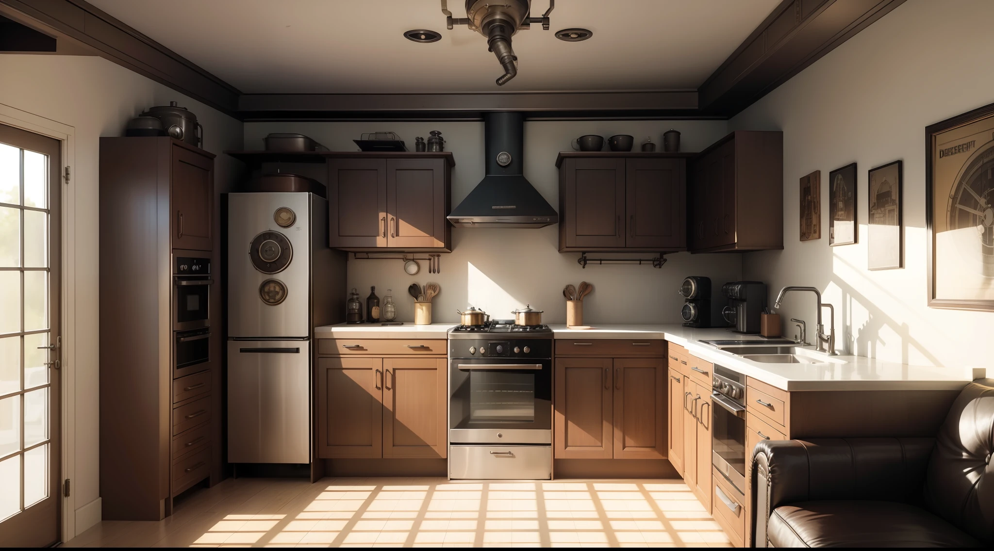 there is a kitchen with a table and chairs in it, dieselpunk decoration, dieselpunk apartment, dieselpunk interior, dieselpunk room background, dieselpunk apartment, retro dieselpunk apartment, dieselpunk interior, dieselpunk interior, dieselpunk decoration, dieselpunk room, dieselpunk apartment, ikea dieselpunk, in a dieselpunk themed room, dieselpunk house, dieselpunk design, large dieselpunk residence