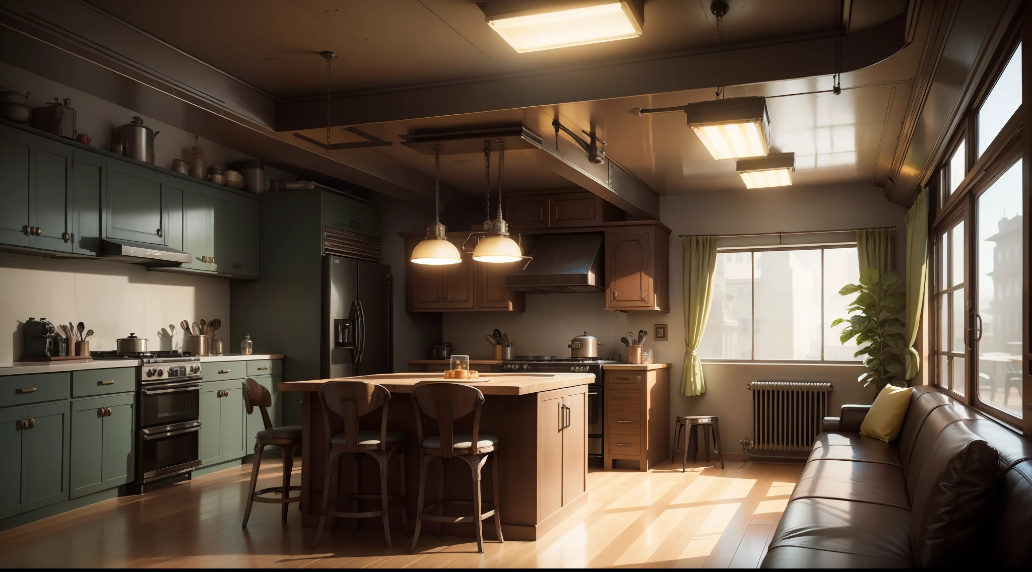 there is a kitchen with a table and chairs in it, dieselpunk decoration, dieselpunk apartment, dieselpunk interior, dieselpunk room background, dieselpunk apartment, retro dieselpunk apartment, dieselpunk interior, dieselpunk interior, dieselpunk decoration, dieselpunk room, dieselpunk apartment, ikea dieselpunk, in a dieselpunk themed room, dieselpunk house, dieselpunk design, large dieselpunk residence