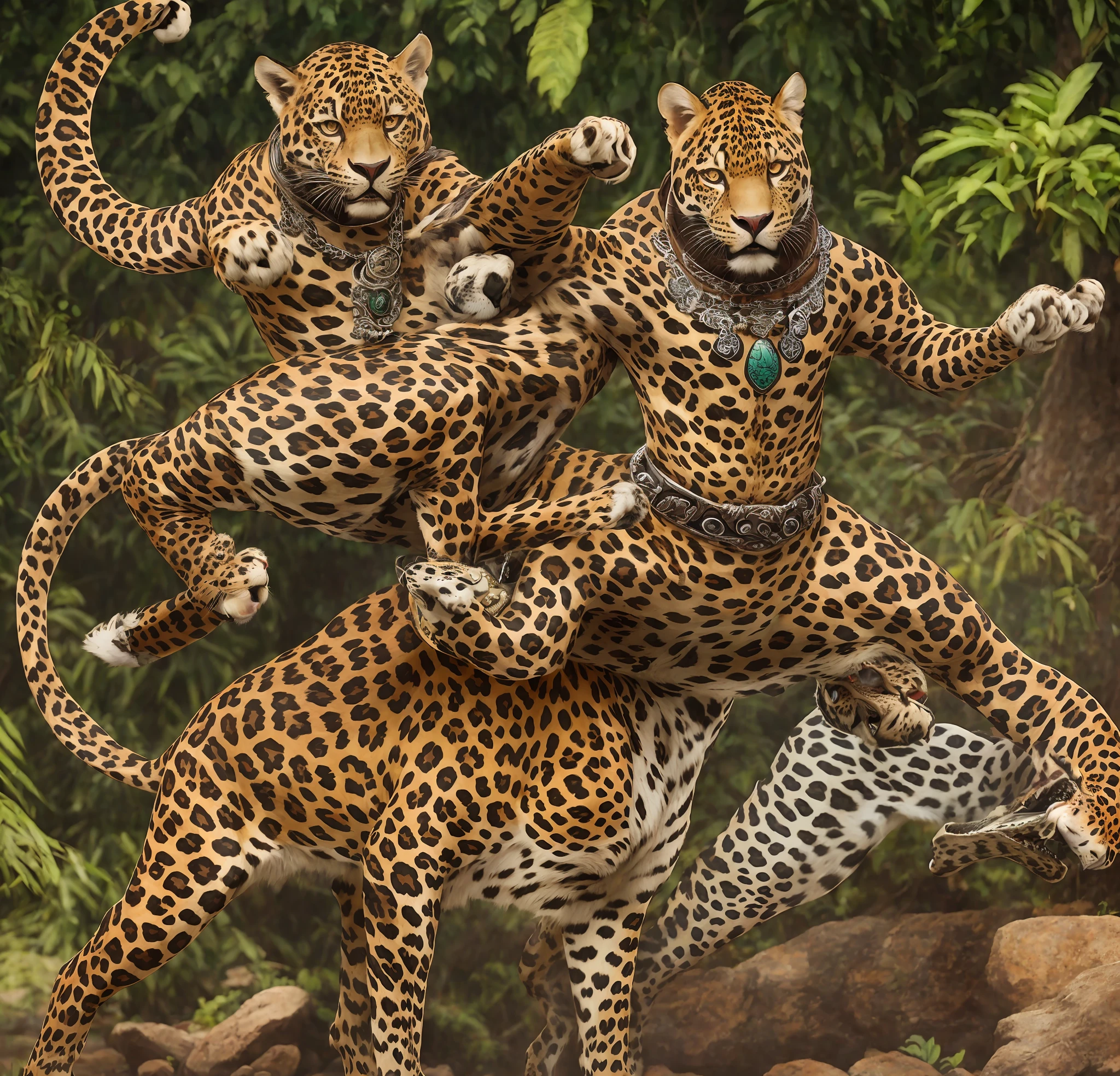 A jaguar, anthropomorphic jaguar, muy tay fighting jaguar, jaguar with silver necklace on the neck,