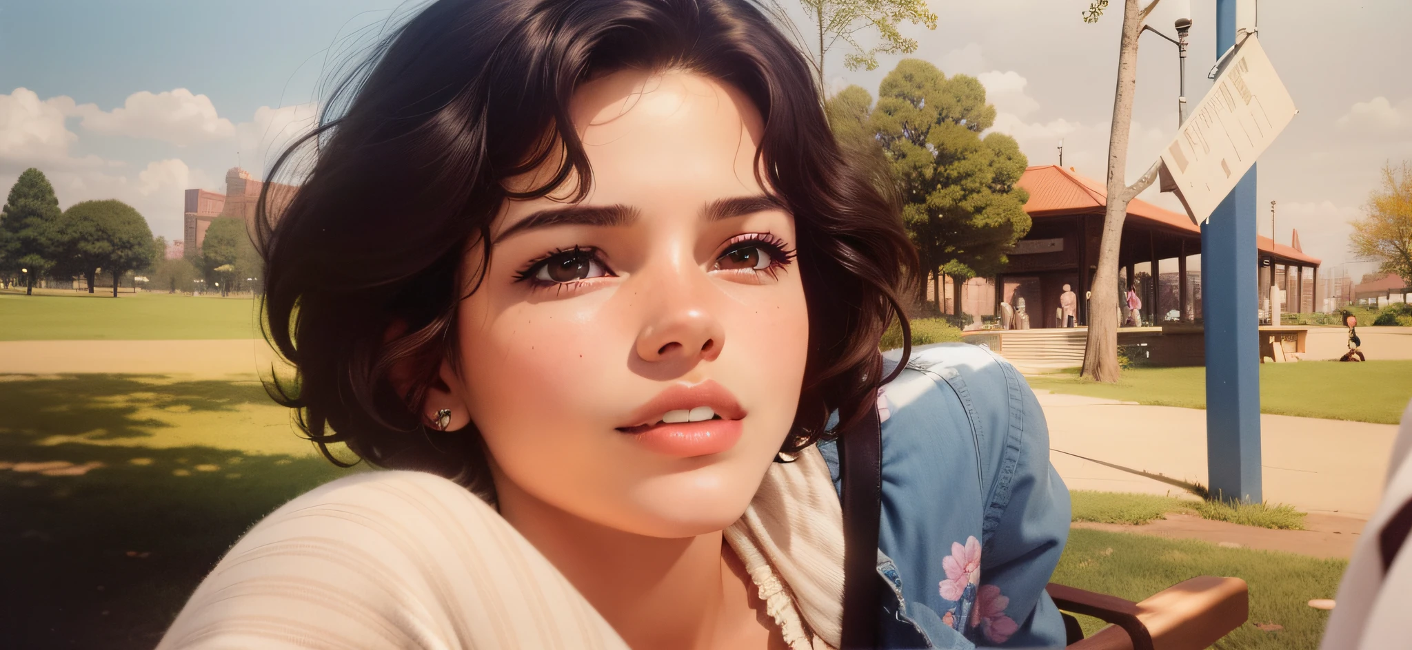 There's a woman in the park, about 19 years old, taken in the early 1990s, intricate skin details, lots of resolution, detailed skin, soft lighting, short hair, brown eyes, UHD, 32k --auto --s2