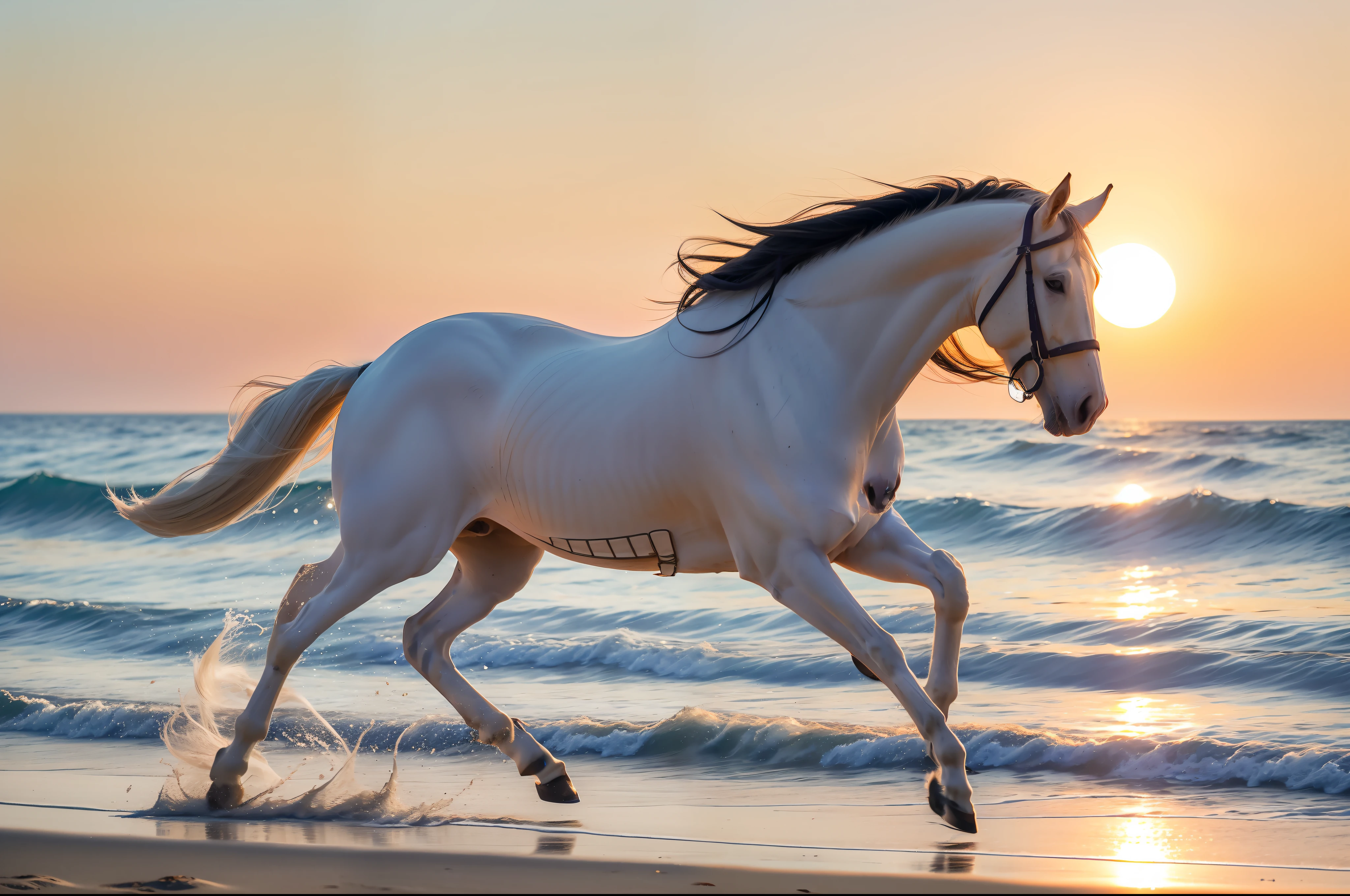 A white horse gallops on the beach in the setting sun, full limbs, long white mane, white tail