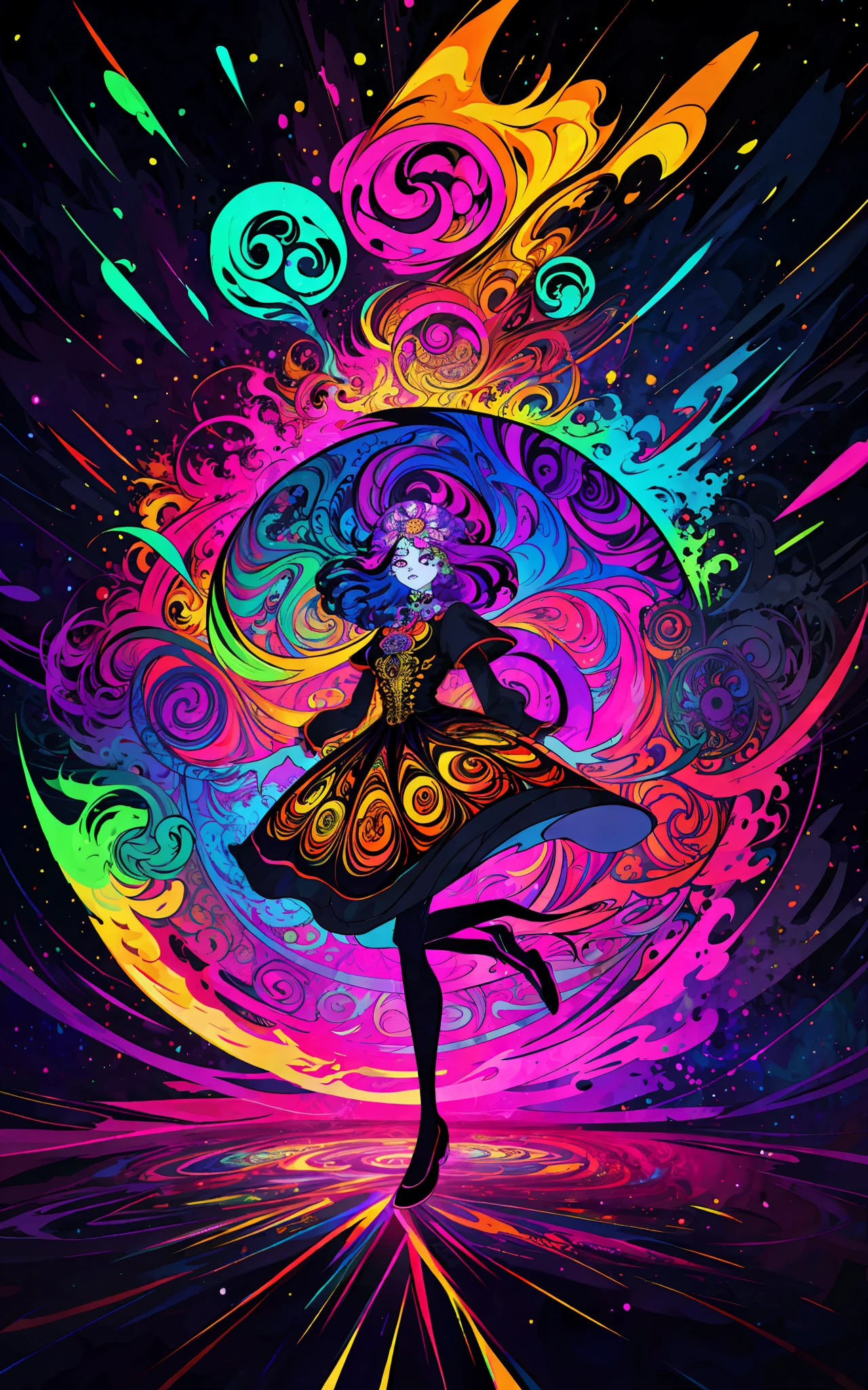 Vector print in the psychedelic style: An explosion of vibrant colors and abstract shapes that dance in perfect harmony. [A psychedelic skull:2.5] stands out at the center of the composition, radiating energy and mystery. Intricate details and psychedelic patterns surround the figure, creating a sense of movement and depth. Tags: [masterpiece], vector print, psychedelic style, skull, vibrant colors, abstract shapes, energy, mystery, intricate details, psychedelic patterns, movement, depth, [black background].