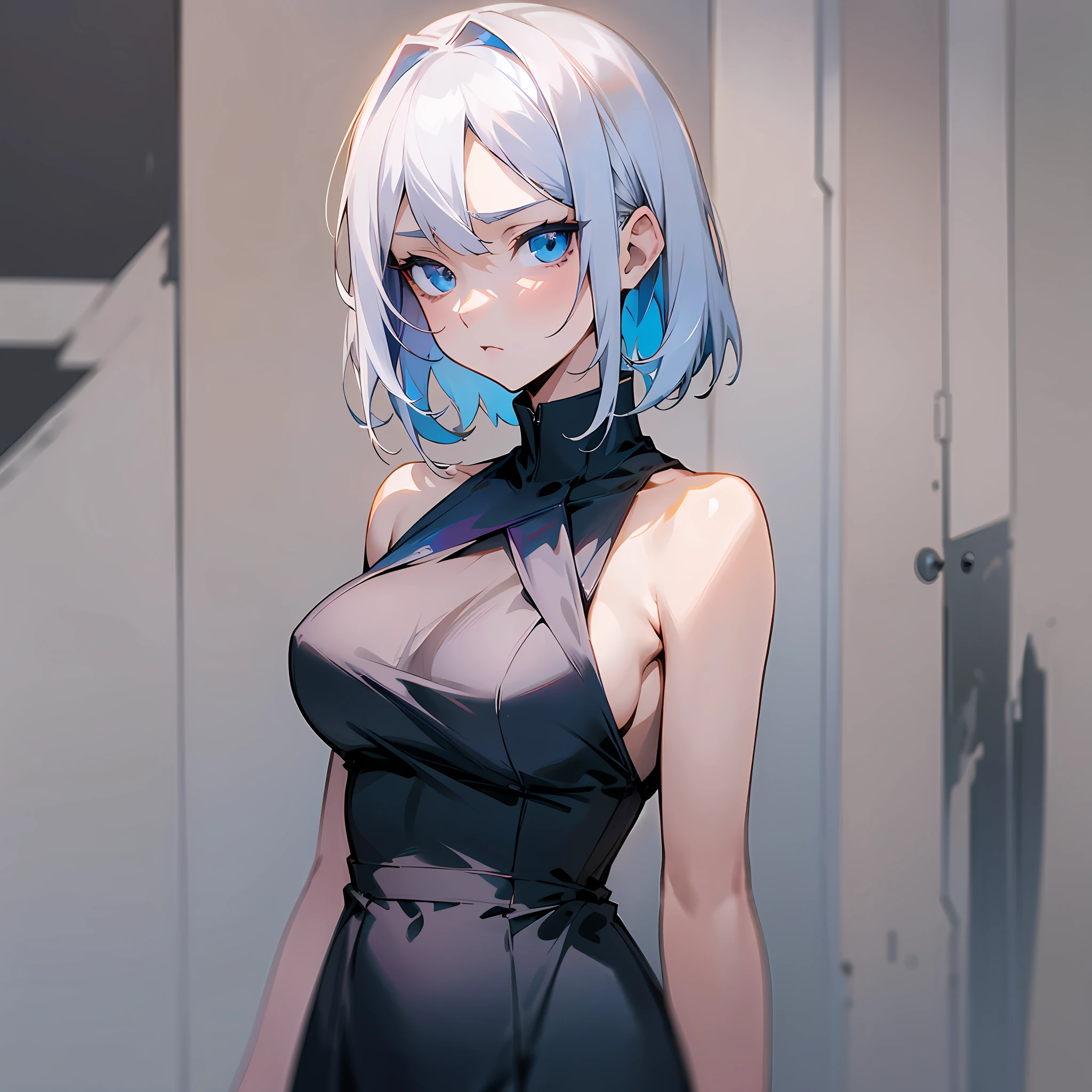 Anime-style image of a girl with white, straight, short hair. Blue eyes,fair skin, delicate appearance,triangular face,with serious face,thin waist, large breasts, wearing a black casual dress and holding a magnum 44. Full body --auto --s2