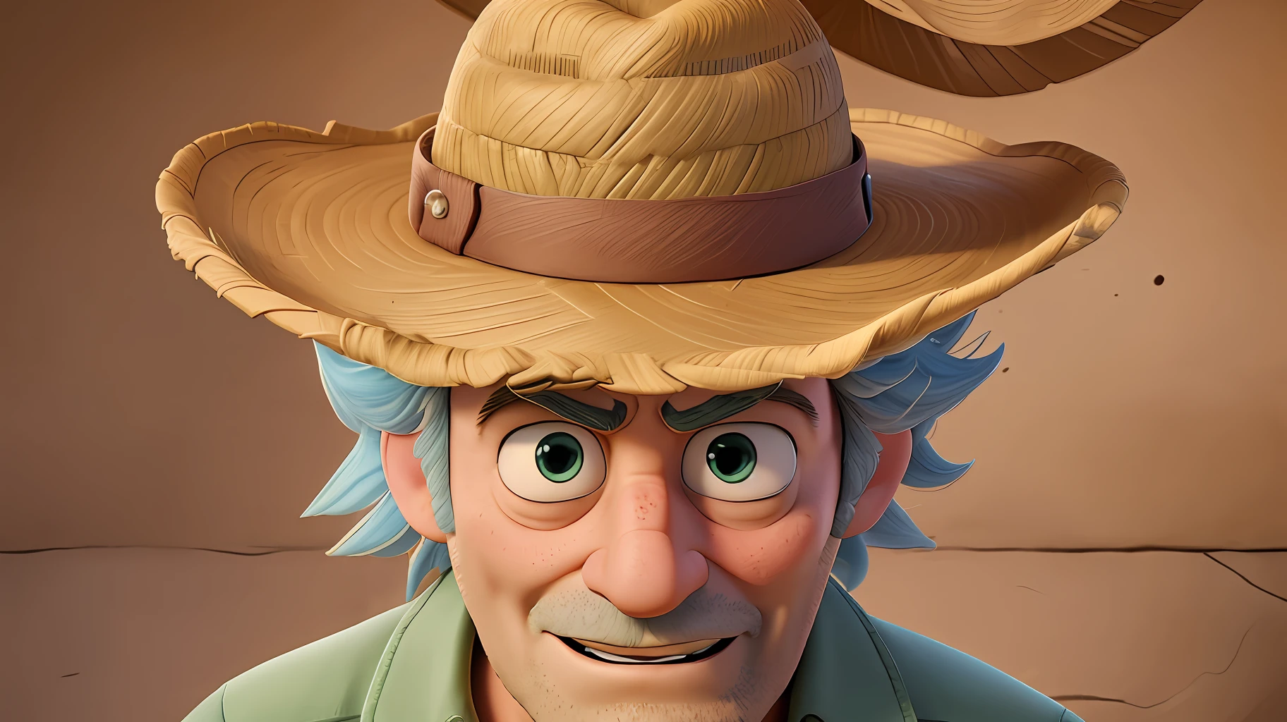 Masterpiece, best quality, Rick Sanchez farmer of the show Rick and Morty with the face rich in expressions, wearing a straw hat, front photo, 8k.