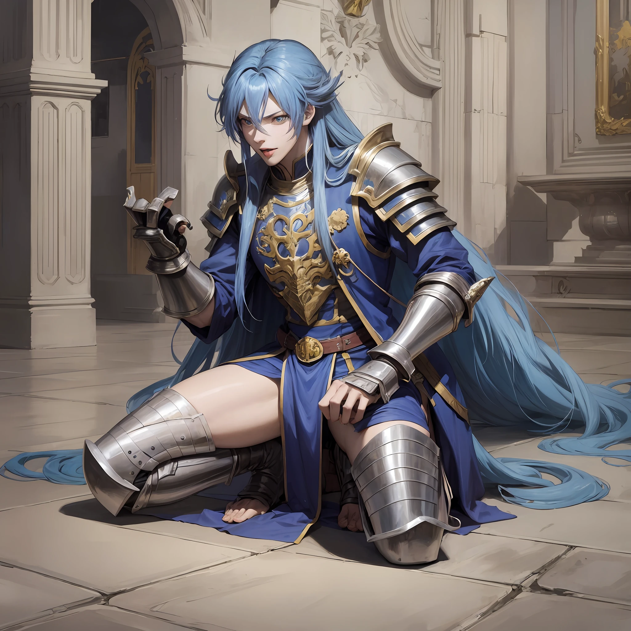 Anime, long blue hair, male, tongue out, kneeling, wearing a paw, gauntlet sword, insane, beggar, torn clothes