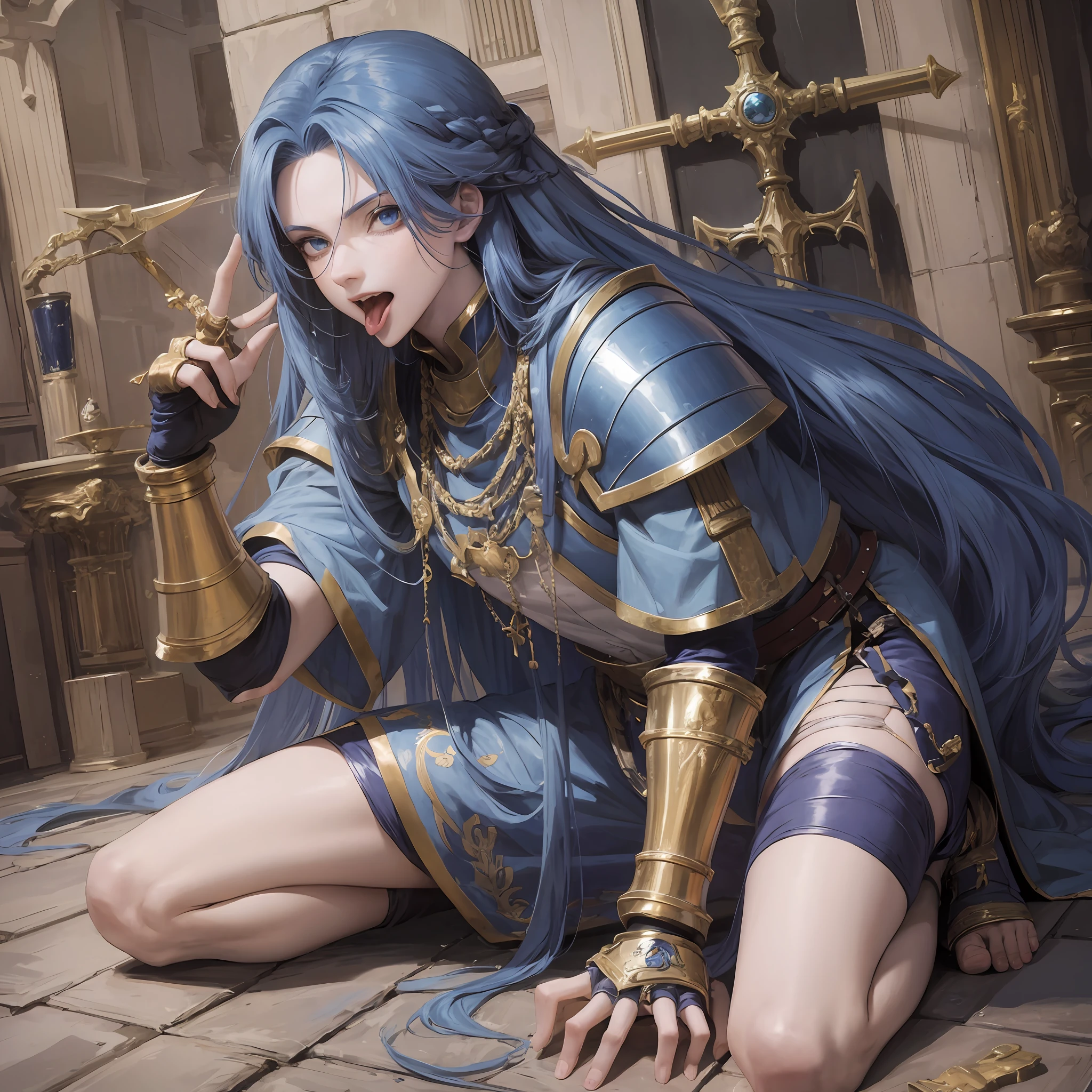 Anime, long blue hair, male, tongue out, kneeling, wearing a paw, gauntlet sword, insane, beggar, torn clothes