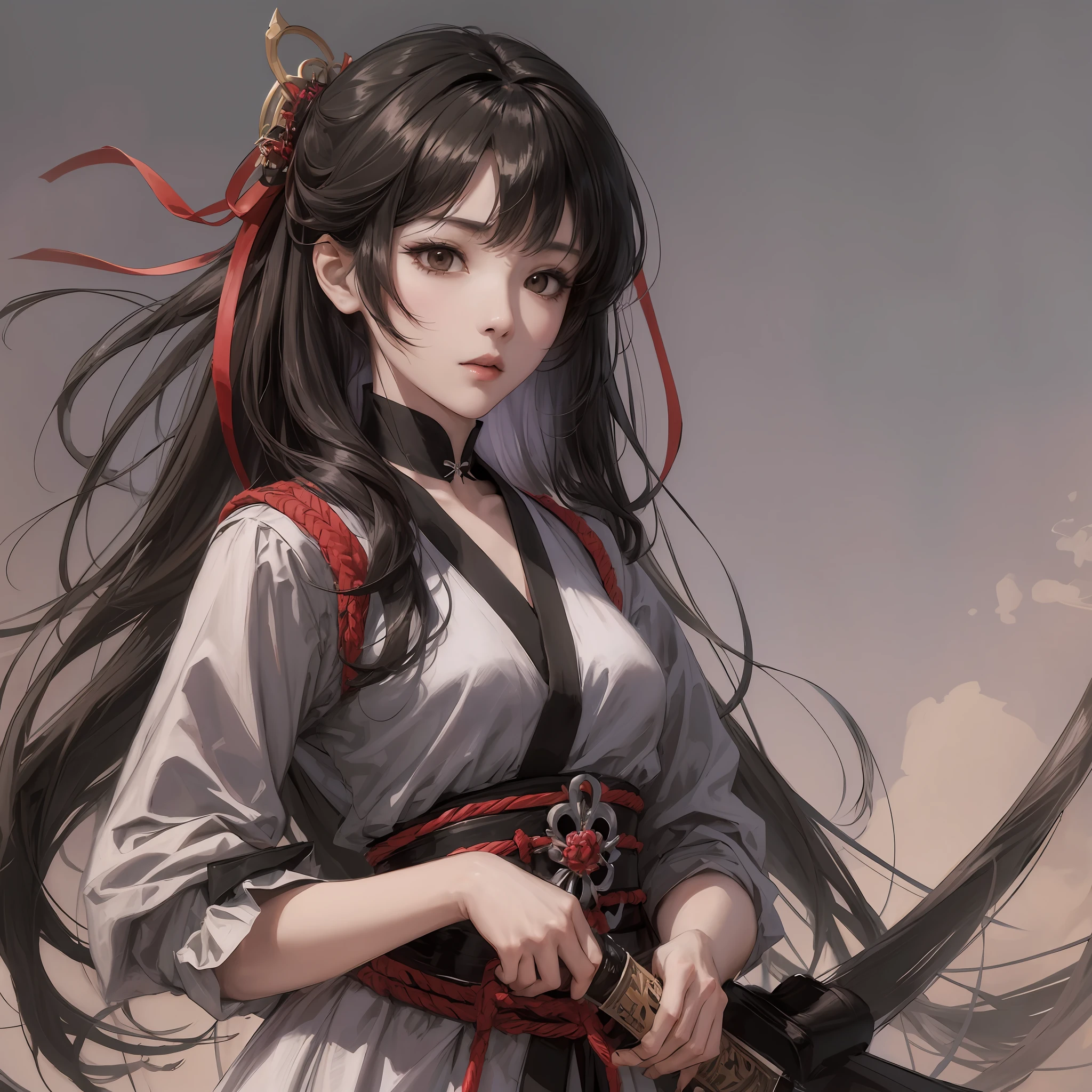 South Korean anime style woman with black, straight, large and tied hair with a black ribbon. Light brown eyes, delicate appearance,face would be,wearing samurai armor and holding a katana with both hands.full body --auto --s2