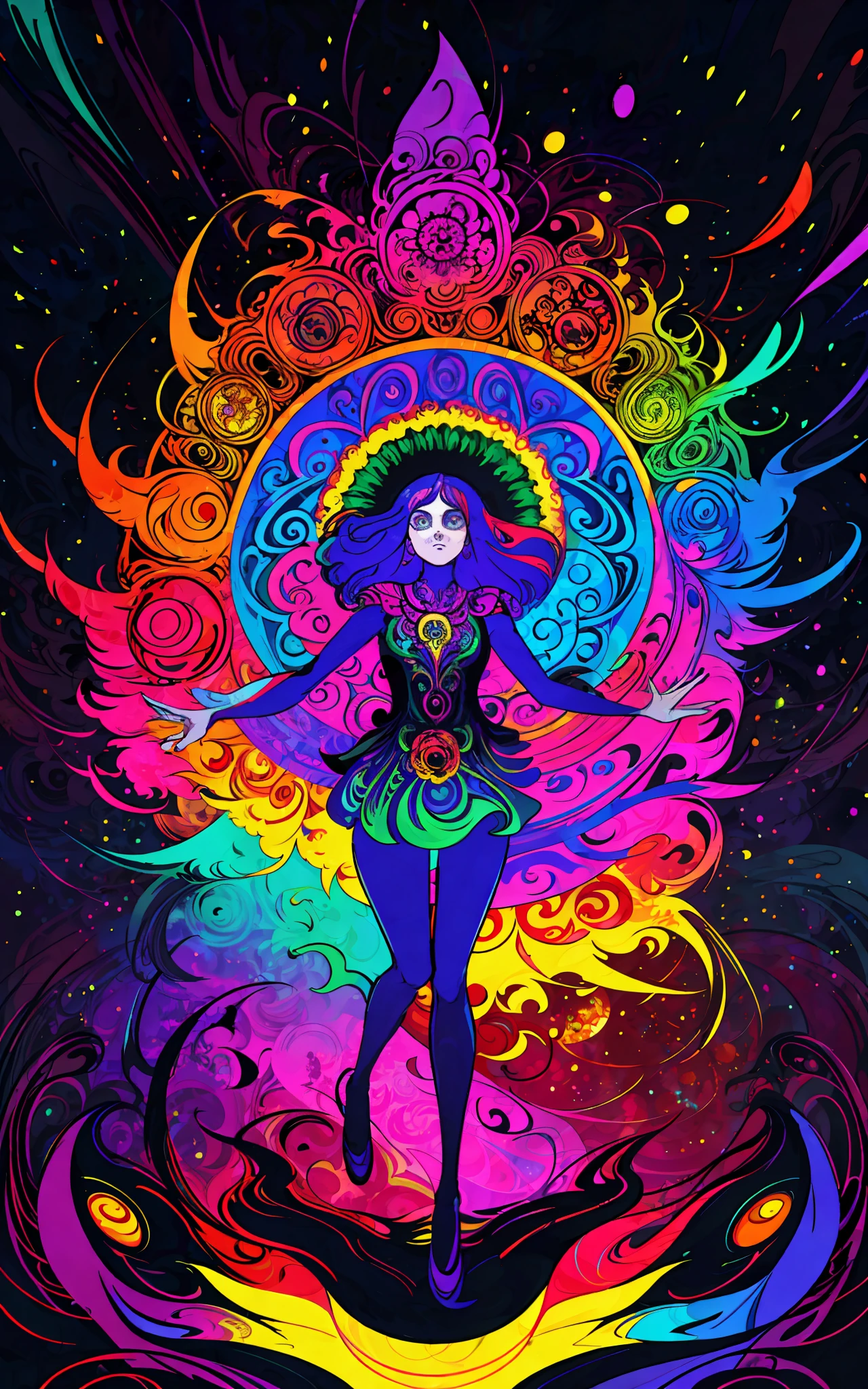 Vector print in the psychedelic style: An explosion of vibrant colors and abstract shapes that dance in perfect harmony. [A skull:2.5] psychedelic stands out at the center of the composition, radiating energy and mystery. Intricate details and psychedelic patterns surround the figure, creating a sense of movement and depth. Tags: [masterpiece], vector print, psychedelic style, skull, vibrant colors, abstract shapes, energy, mystery, intricate details, psychedelic patterns, movement, depth, [black background].