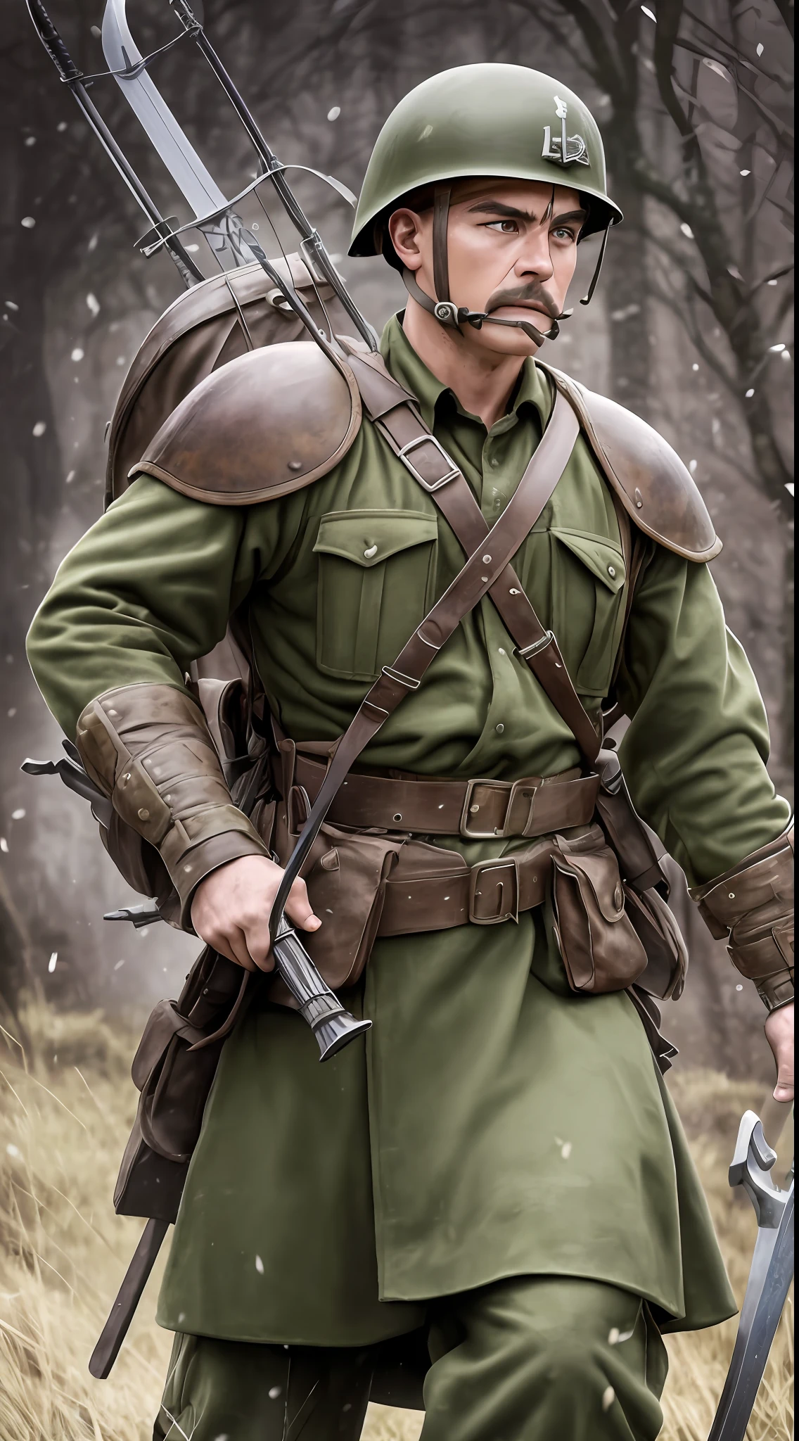 A WWII soldier wearing an English combat uniform with a sturdy body, holding a claymore sword and a bow and arrows on his back, advancing into battle with a determined expression on his face, Realistic photography, 70mm telephoto lens --auto --s2