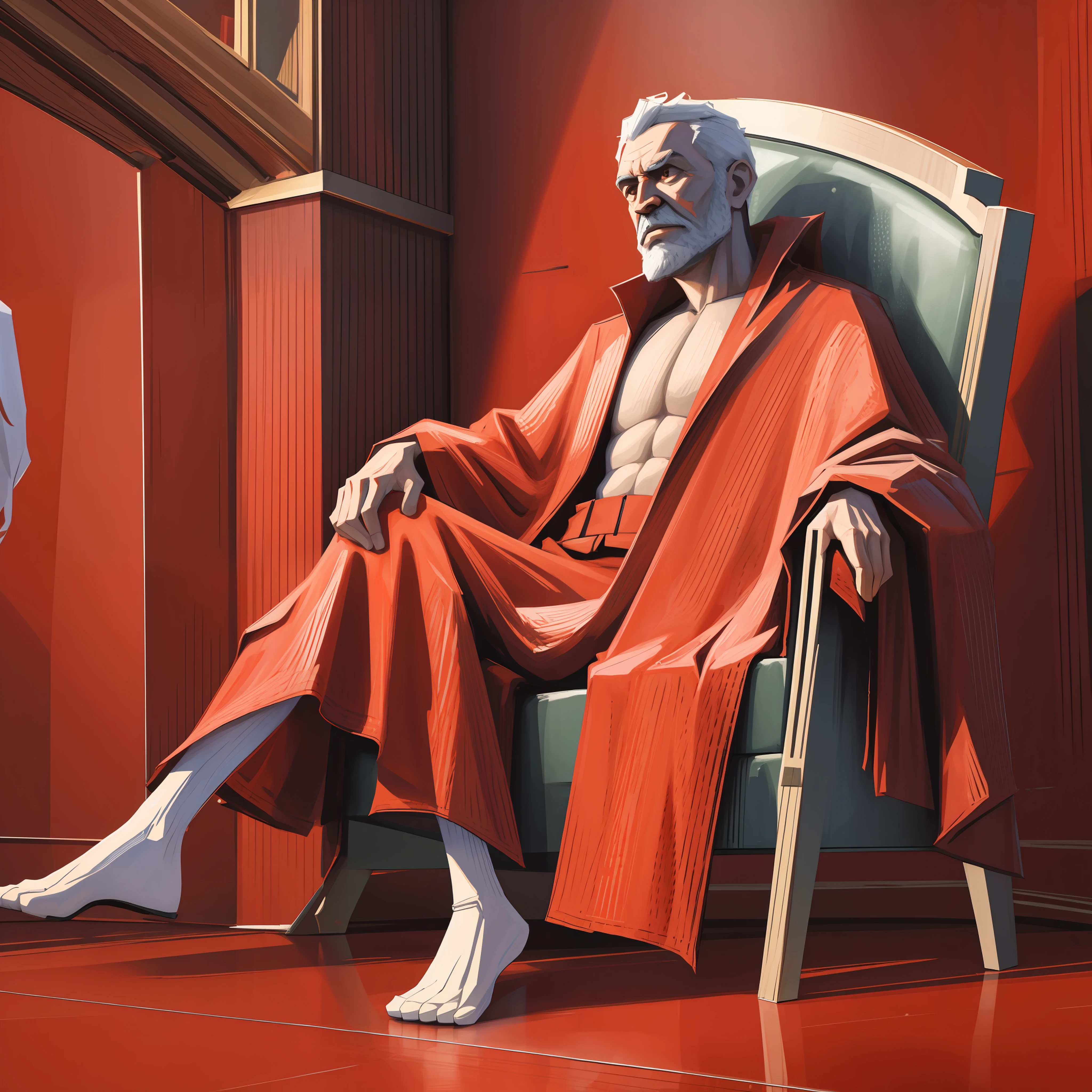 (Masterpiece, Best Quality, Highres:1.4), full body red robed slouched and old man on a grand gilded throne fantasy scene gloomy castle is broken