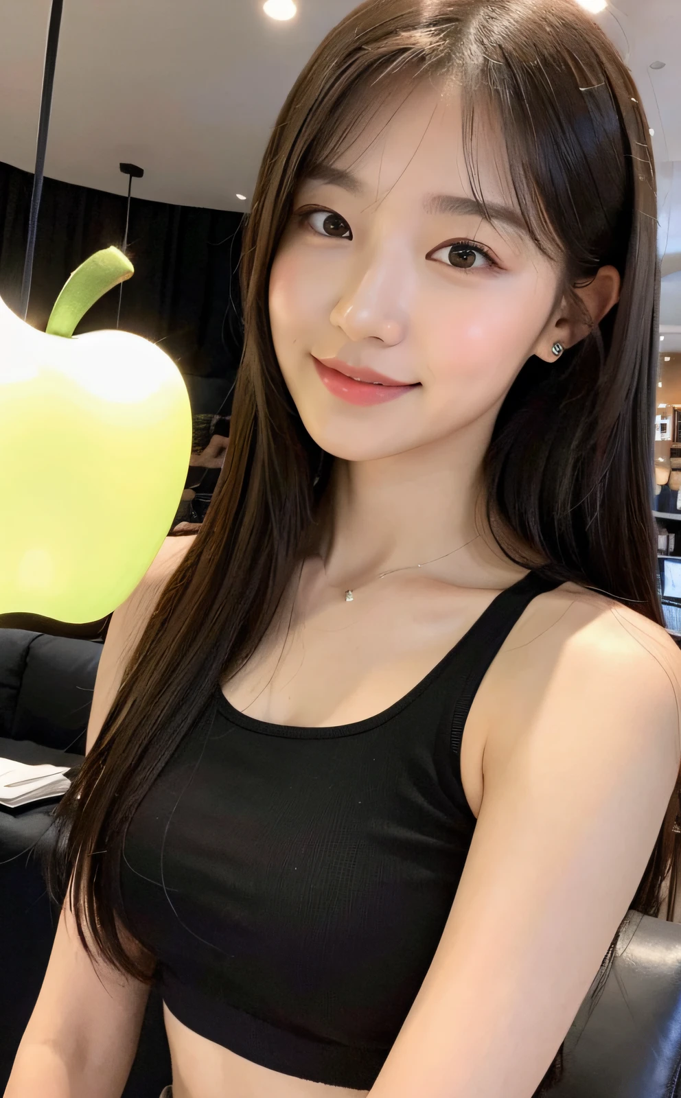 (8k, RAW photo, top quality, masterpiece: 1.2), (realistic, photorealistic: 1.37), ultra detail, ultra high resolution, pio apple, one girl, look viewer, smile, beautiful detailed eyes, floating hair, bangs, skin texture, narrow waist, slim waist, (curve: 0.4), belly button, leg, movie lighting, professional lighting, light face, café