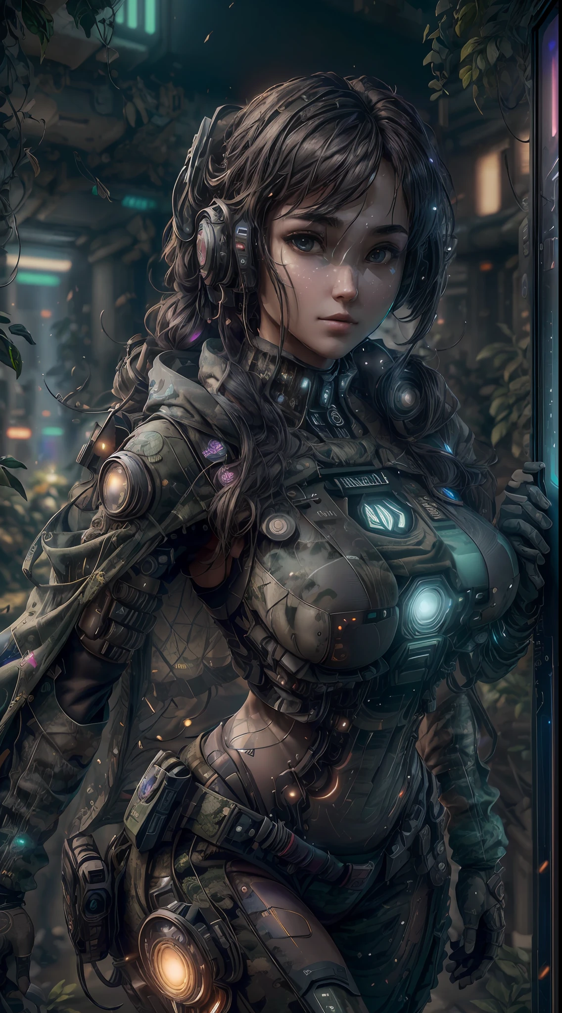 ((Best quality)), ((masterpiece)), (highly detailed:1.3), 3D, beautiful (cyberpunk:1.2) special forces, robort,female with thick voluminous hair wearing (wearing camouflage_uniform:1.1), body armour,cape,digital (camouflage:1.3),HDR (High Dynamic Range),Ray Tracing,NVIDIA RTX,Super-Resolution,Unreal 5,Subsurface scattering,PBR Texturing,Post-processing,Anisotropic Filtering,Depth-of-field,Maximum clarity and sharpness,Multi-layered textures,Albedo and Specular maps,Surface shading,Accurate simulation of light-material interaction,Perfect proportions,Octane Render,Two-tone lighting,Wide aperture,Low ISO,White balance,Rule of thirds,8K RAW,Efficient Sub-Pixel,sub-pixel convolution