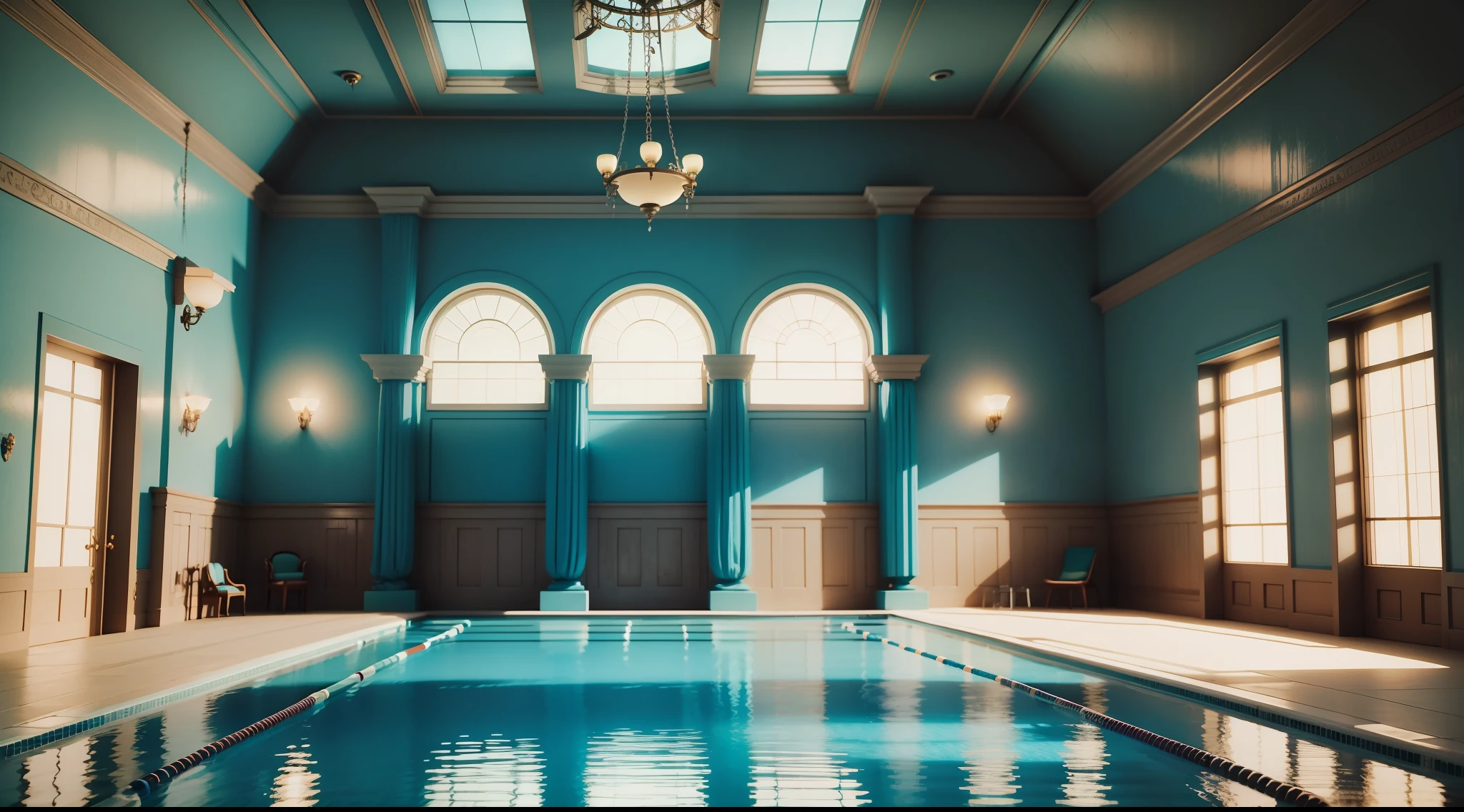 A close-up of a pool in a room with a skylight, dieselpunk bedroom background, vaporwave mansion, dream pool, dieselpunk room, teal lighting, indoor pool, blue and cyan scheme, beautiful 3D rendering, dieselpunk decoration, teal ambient light, dieselpunk interior, turquoise color scheme, billiard rooms, bright shade of teal, a pool inside the giant palace