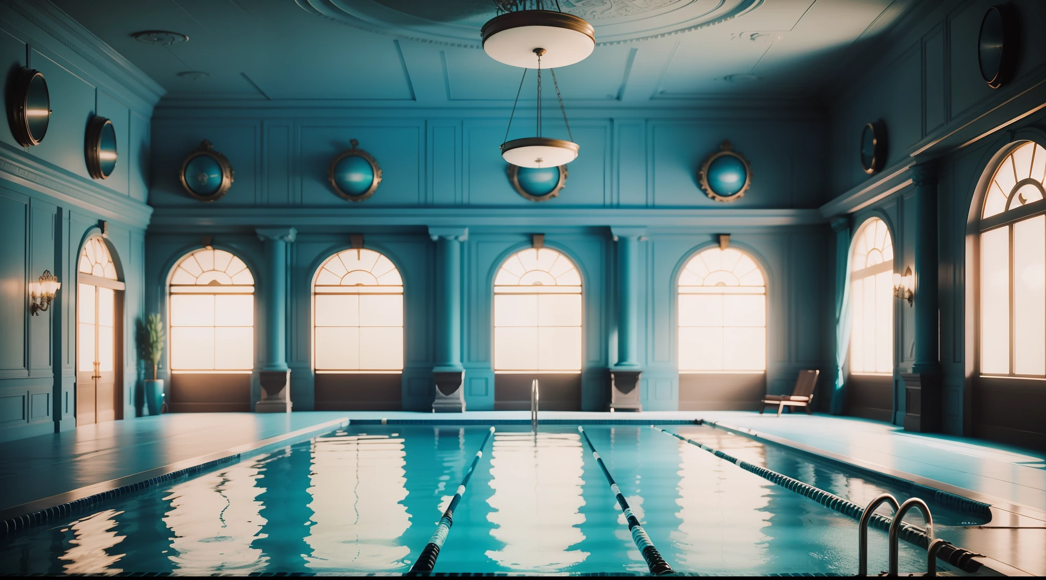 A close-up of a pool in a room with a skylight, dieselpunk bedroom background, vaporwave mansion, dream pool, dieselpunk room, teal lighting, indoor pool, blue and cyan scheme, beautiful 3D rendering, dieselpunk decoration, teal ambient light, dieselpunk interior, turquoise color scheme, billiard rooms, bright shade of teal, a pool inside the giant palace