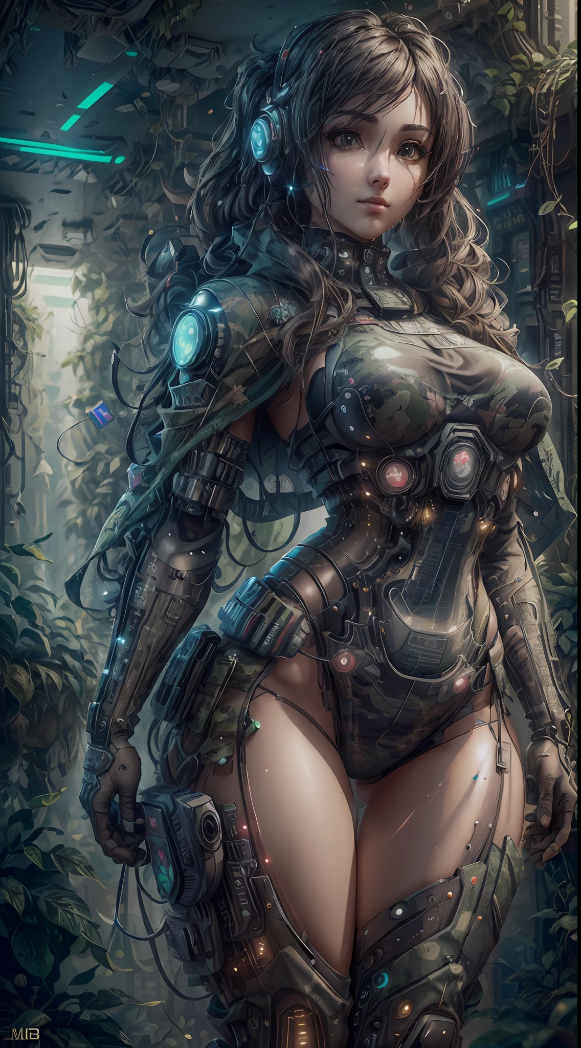 ((Best quality)), ((masterpiece)), (highly detailed:1.3), 3D, beautiful (cyberpunk:1.2) special forces, robort,female with thick voluminous hair wearing (wearing camouflage_uniform:1.1), body armour,cape,digital (camouflage:1.3),HDR (High Dynamic Range),Ray Tracing,NVIDIA RTX,Super-Resolution,Unreal 5,Subsurface scattering,PBR Texturing,Post-processing,Anisotropic Filtering,Depth-of-field,Maximum clarity and sharpness,Multi-layered textures,Albedo and Specular maps,Surface shading,Accurate simulation of light-material interaction,Perfect proportions,Octane Render,Two-tone lighting,Wide aperture,Low ISO,White balance,Rule of thirds,8K RAW,Efficient Sub-Pixel,sub-pixel convolution