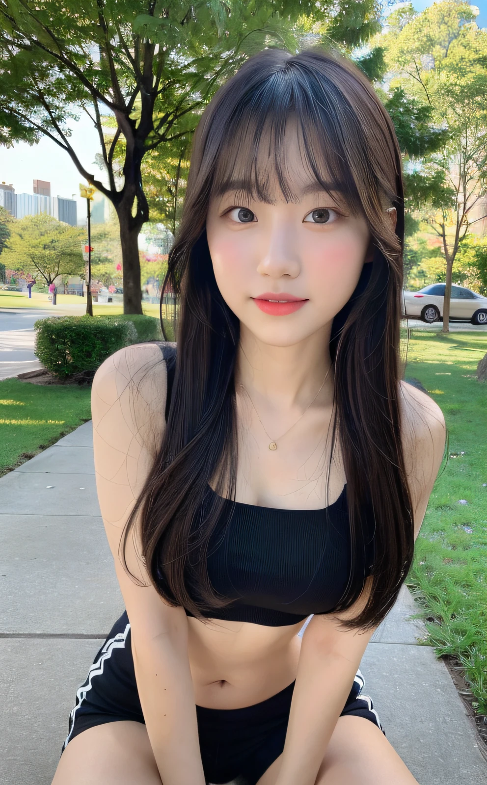 (8k, RAW photo, top quality, masterpiece: 1.2), (realistic, photorealistic: 1.37), ultra detail, ultra high resolution, pio apple, one girl, look viewer, smile, beautiful detailed eyes, floating hair, bangs, skin texture, narrow waist, slim waist, (curve: 0.4), belly button, leg, movie lighting, professional lighting, light face, park, walk