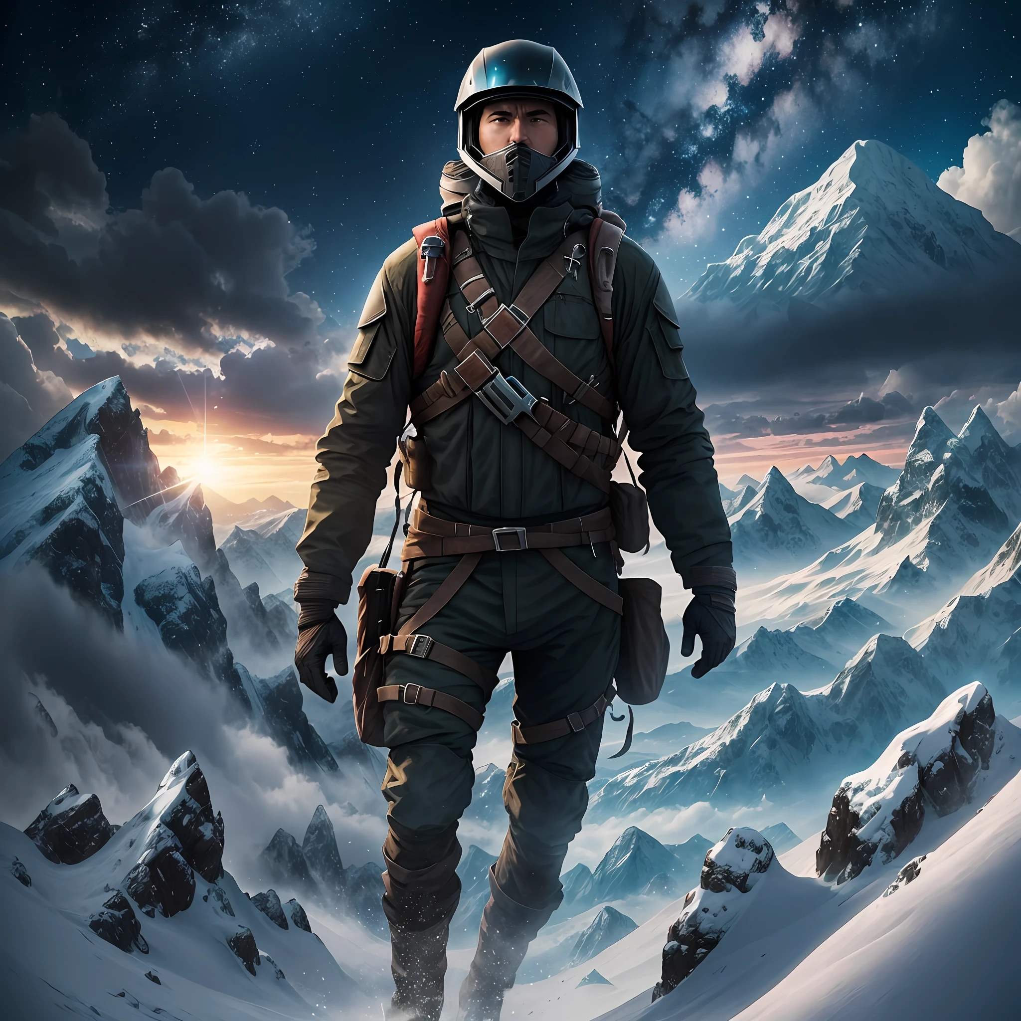 epic adventure, a man starting his travel toward a vast landscape made of high mountain, realistic, epic, cinematic --ar 2:3 --v 4 --uplight --auto --s2