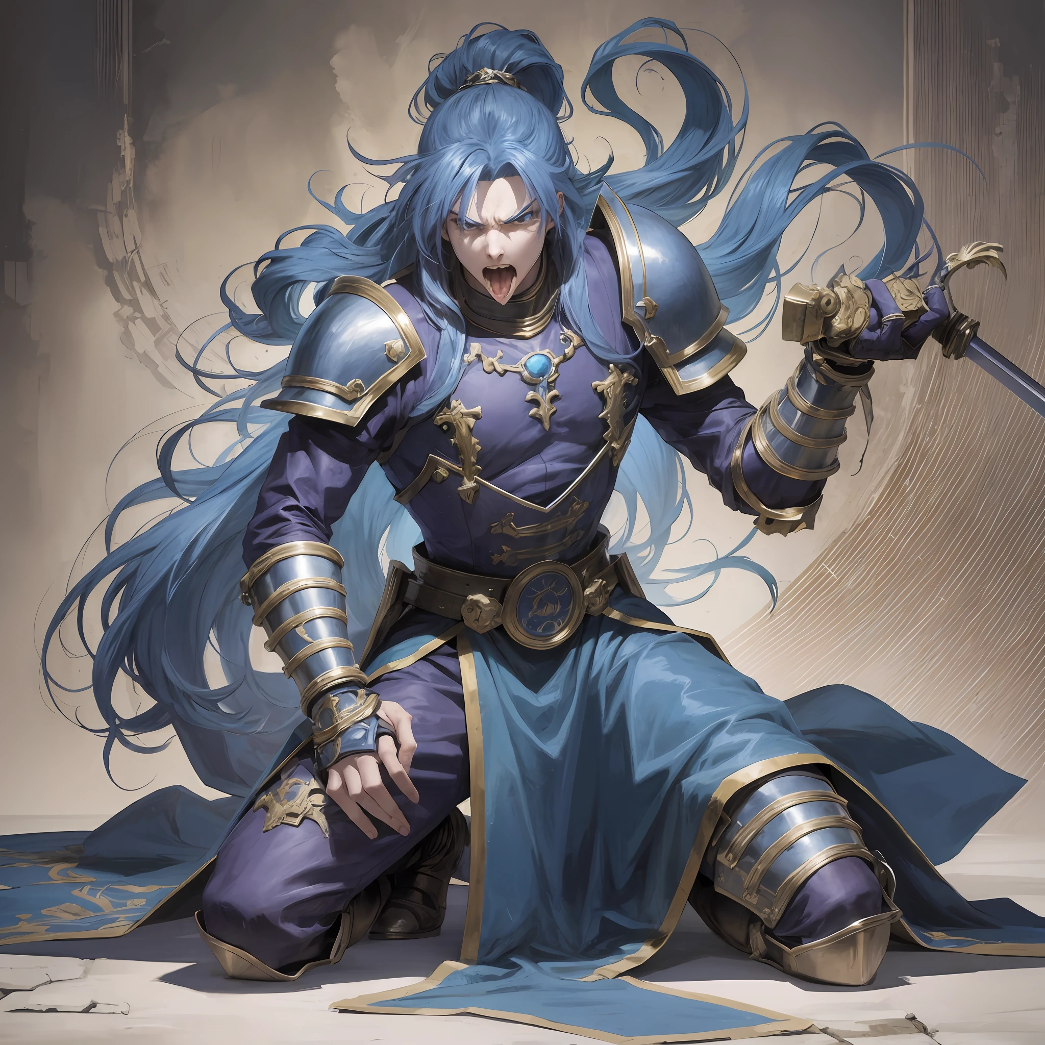 Anime, long blue hair, male, tongue out, kneeling, wearing a paw, gauntlet sword, insane, beggar, torn clothes, angry, furious, arms outstretched, holding a gauntlet sword paw