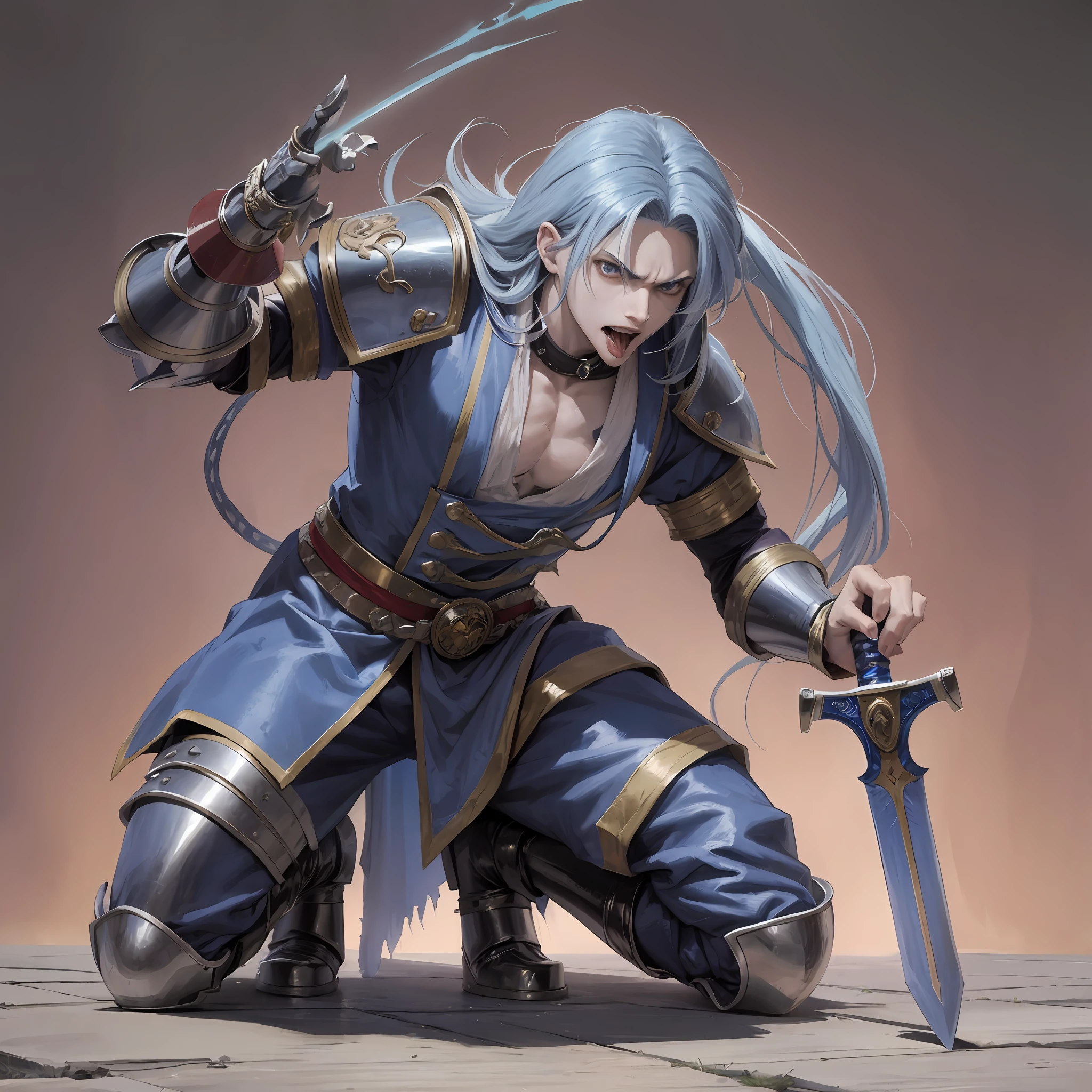 Anime, long blue hair, male, tongue out, kneeling, wearing a paw, gauntlet sword, insane, beggar, torn clothes, angry, furious, arms outstretched, holding a gauntlet sword paw