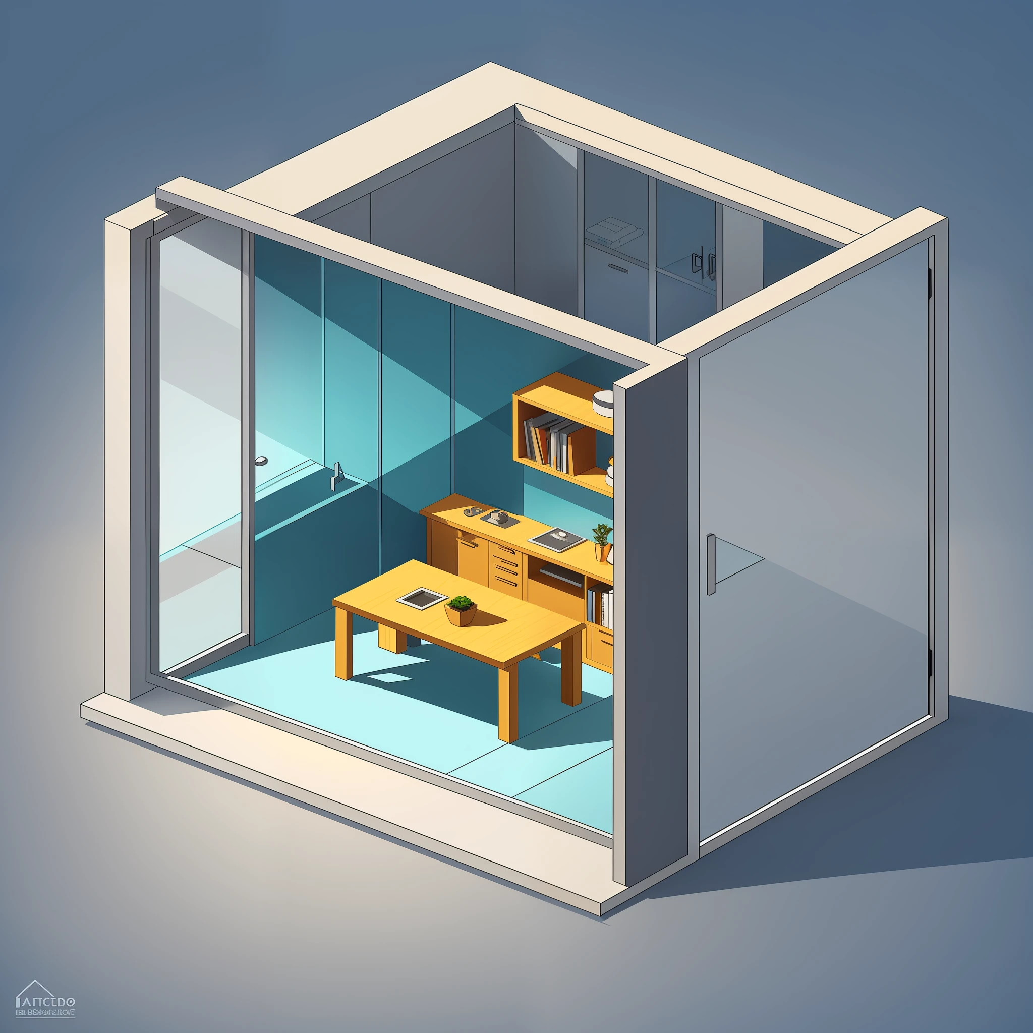 Cartoon illustration of glass closed room with door, isometric side view, --auto --s2