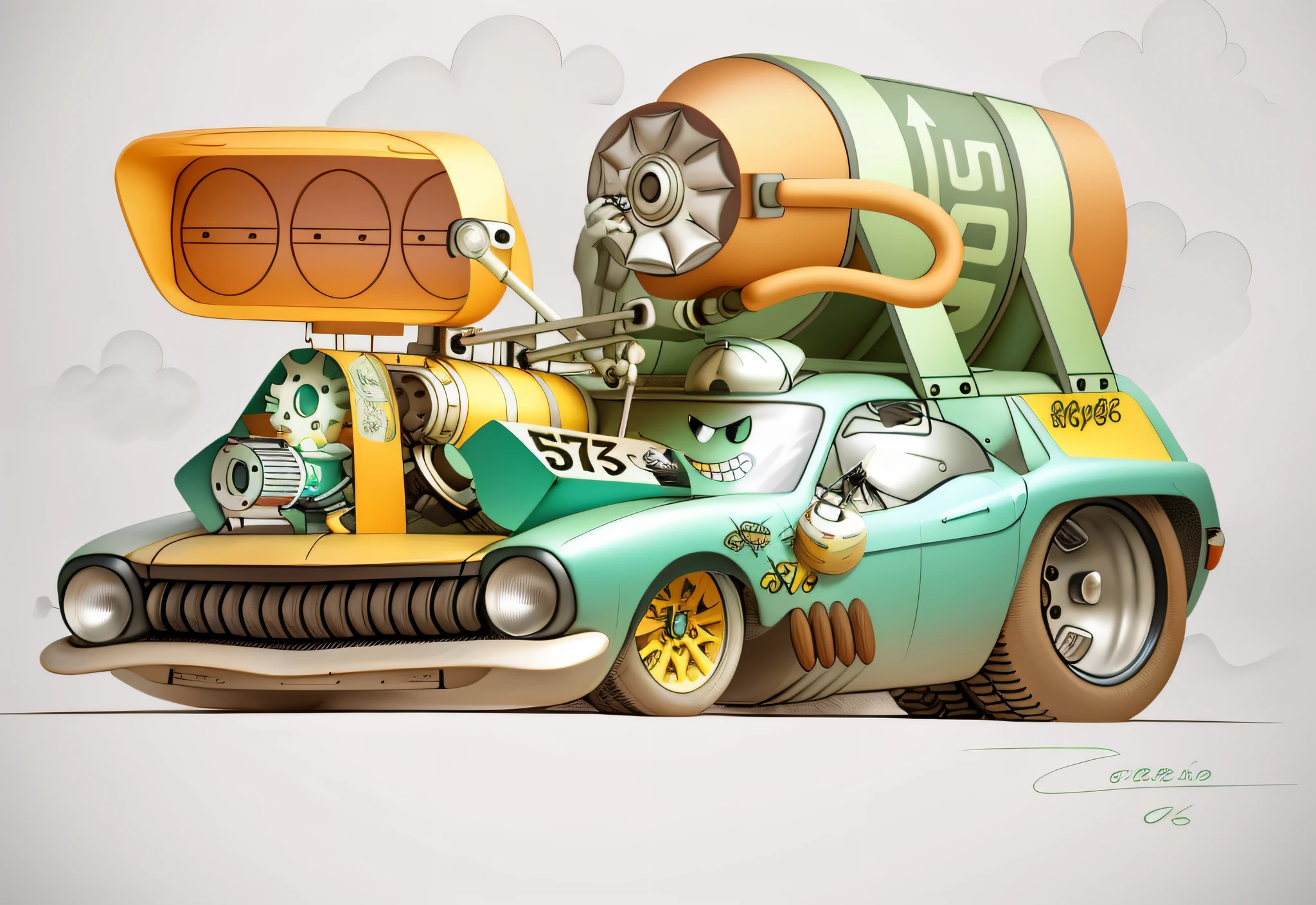 a realistic 3d drawing of a cartoon car with a robot and a robot on its back, inspired by Ed Roth, production art, concept car art, by Ed Roth, sticky tar. concept art, concept art, "concept art", epic pencil illustration, line art, Rat Fink style, Tony Art highly detailed, real image highly detailed, conceptual art of realistic drawing, by Randy Gallegos, 32k