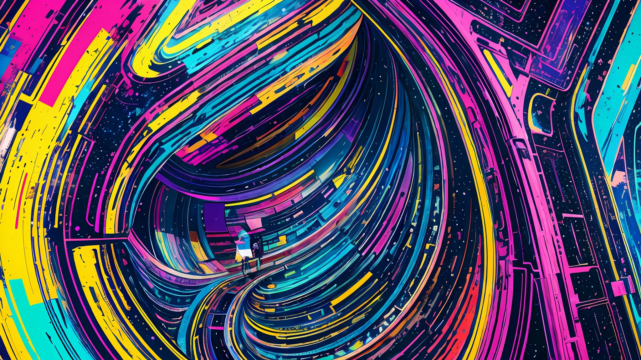 masterpiece, 1girl, space, spacecraft, looking back, ligne claire, flat color, high contrast, chromatic aberration,AND_PREPlorenzo lanfanconi art, waterfall, vibrant colors, colorful, abstract paint, paint on canvas, detailed, intricate, layered