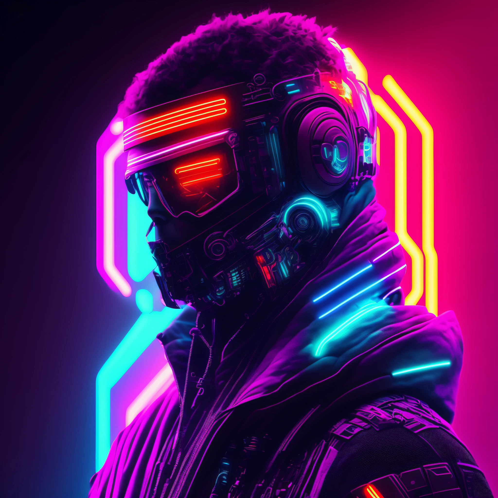 Man, cyberpunk style portrait, futuristic (neon: 1.1) reflective wear, science fiction. artgern, art, illustration, ((dark environment)), ((vegnette)), ((HDR)) ((minimal palette colors)), soft tones, soft colors, faint colors, calm, highly detailed pastel colors, intricate details